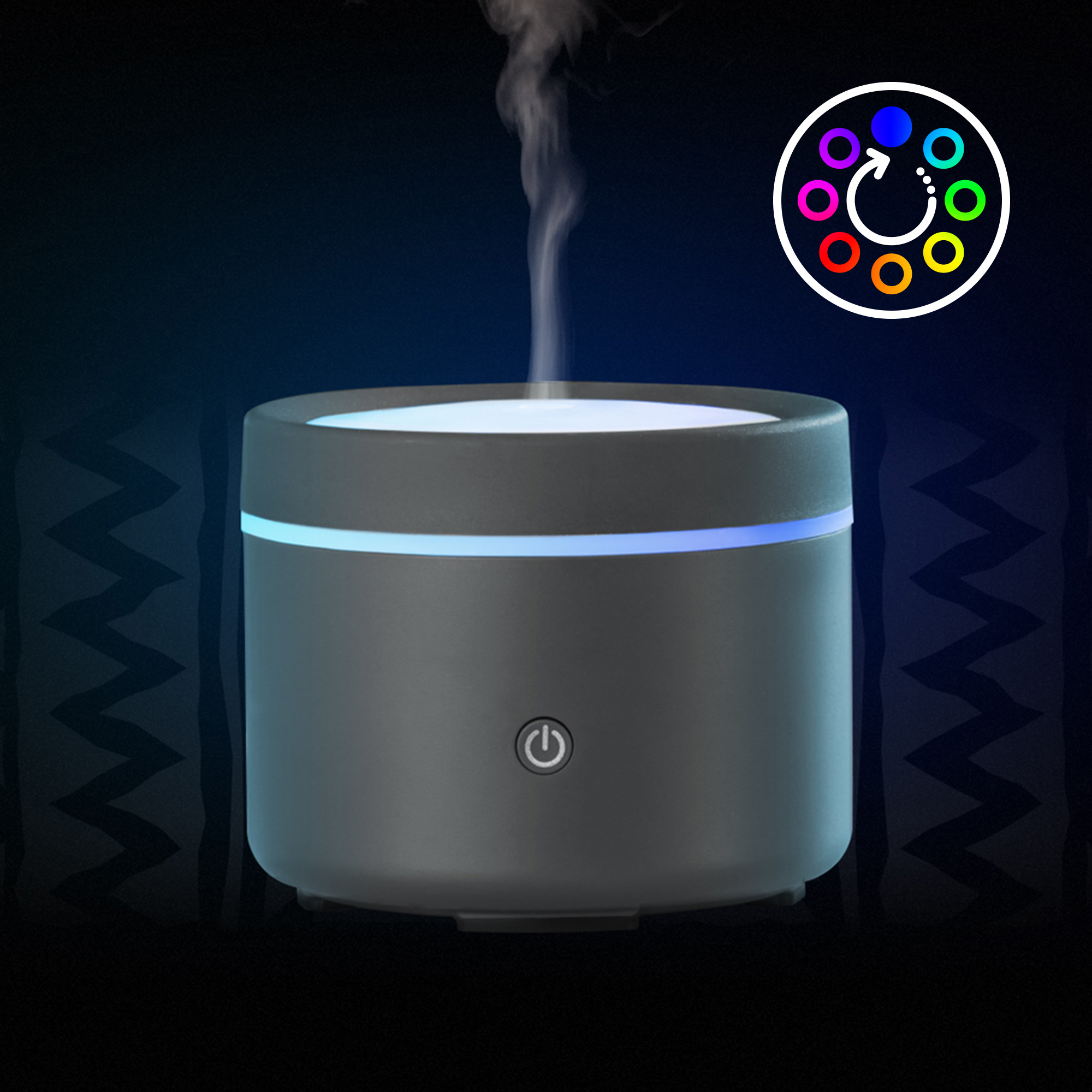 A small humidifier with color changing lights and a control panel.