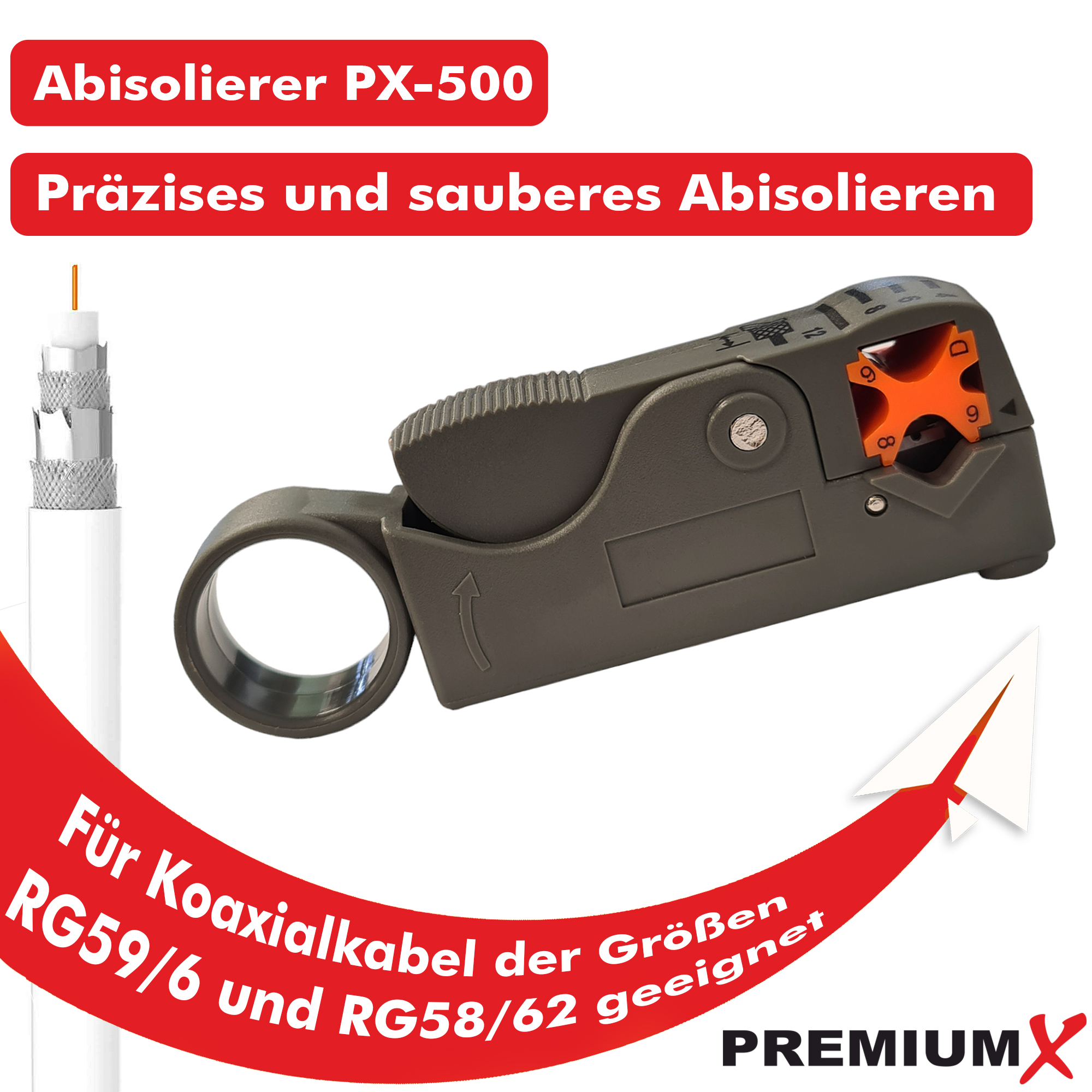 Abisolierzange mit Koaxialkabel und Text.