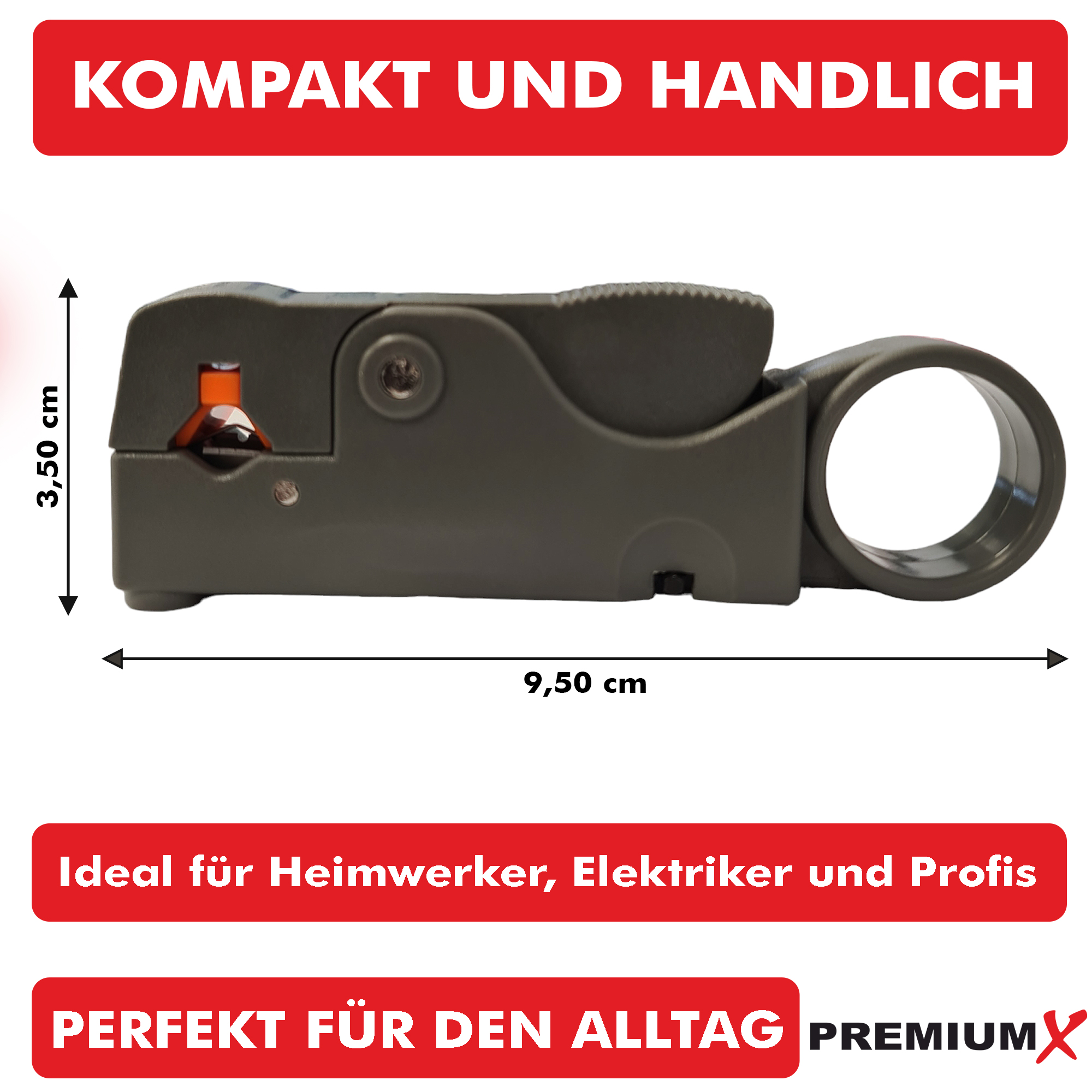 Ein grauer Kabelabisolierer mit Abmessungen. Text: Kompakt und handlich. Ideal für Elektriker.