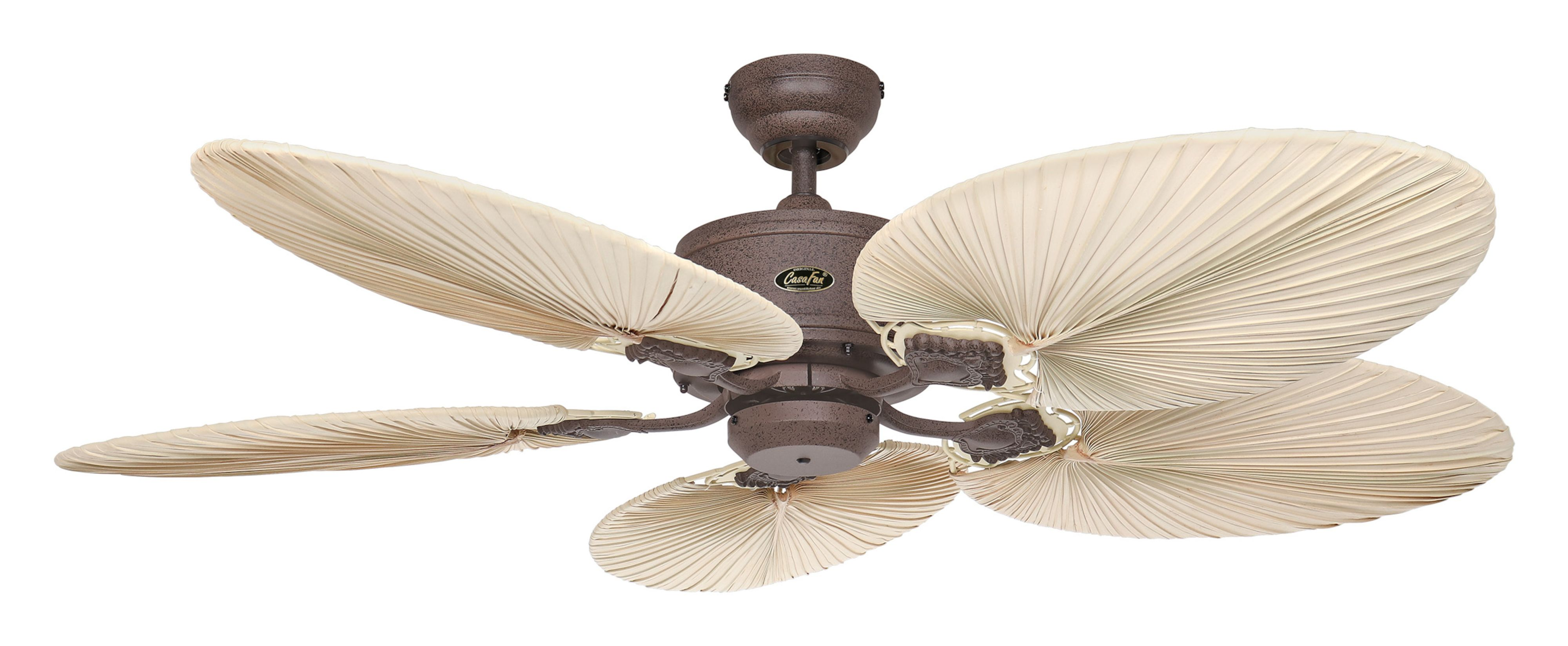 Un ventilatore da soffitto marrone con cinque pale e un motore marrone scuro. È un ventilatore.