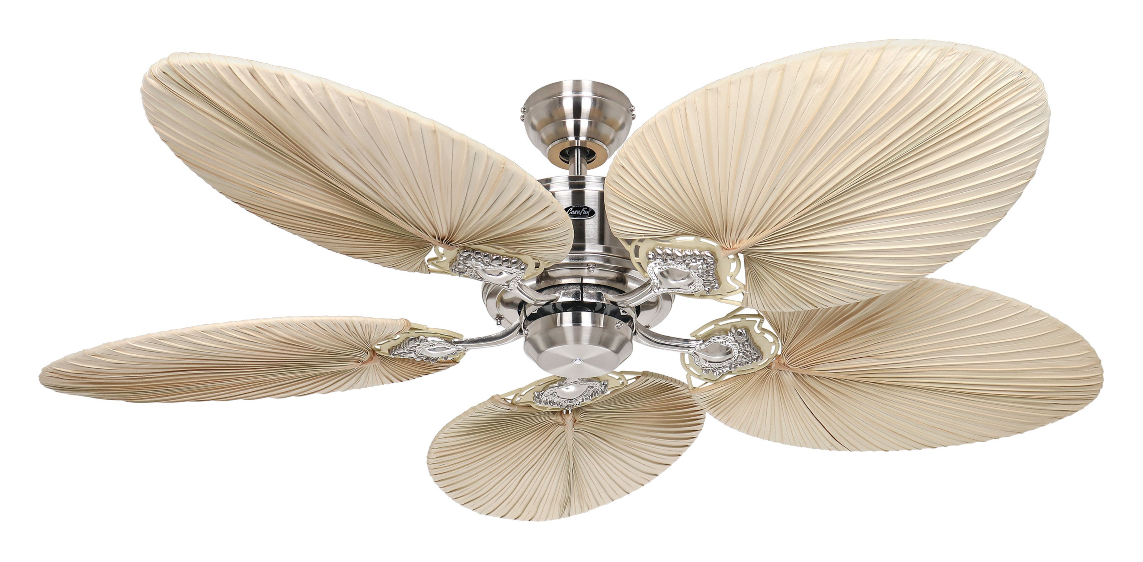 Ein Deckenventilator mit fünf beigefarbenen, blattförmigen Flügeln und einer silbernen Mittelachse.