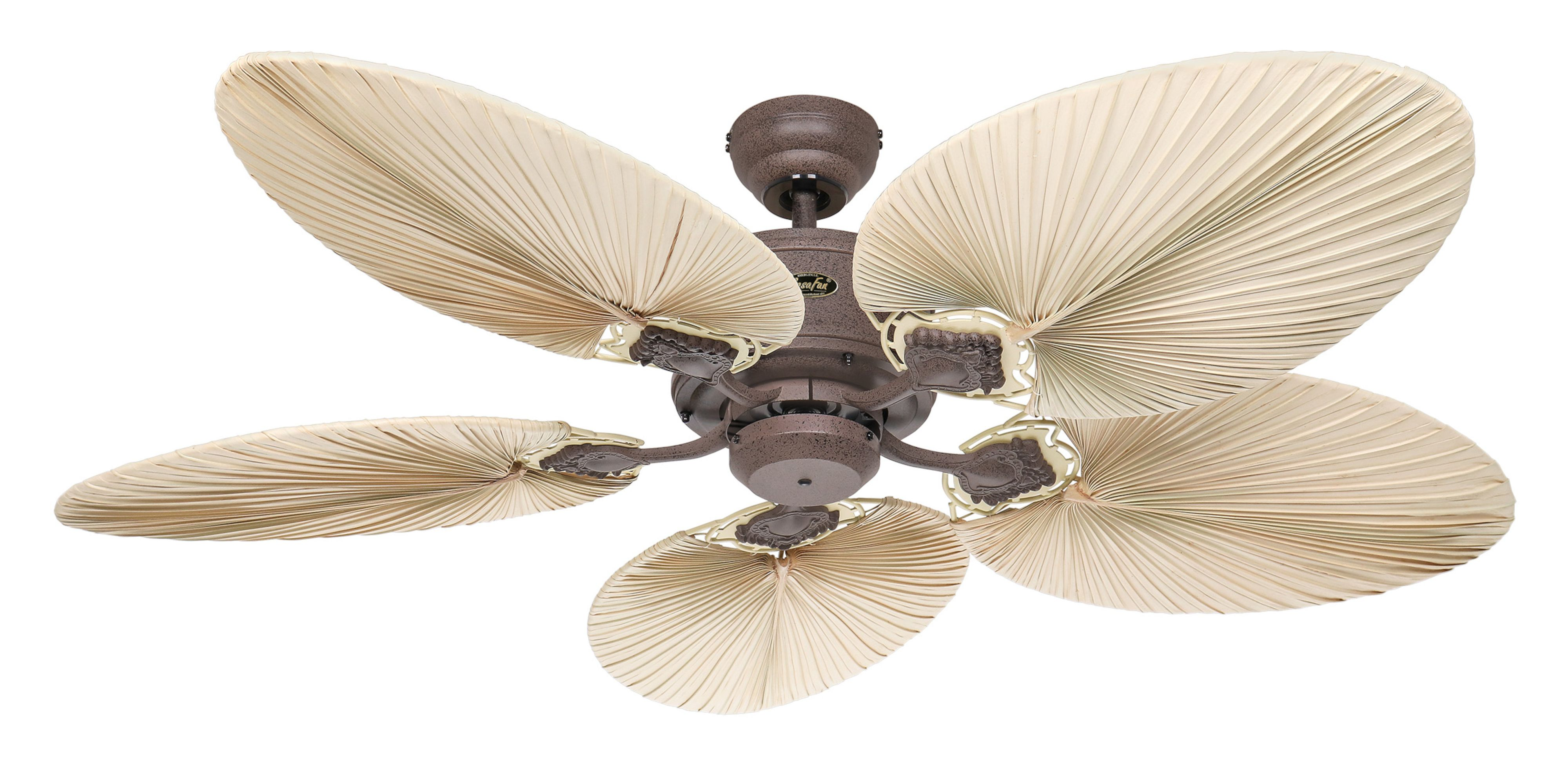 Ventilatore da soffitto marrone con cinque pale beige a forma di foglia di palma e un motore marrone scuro.