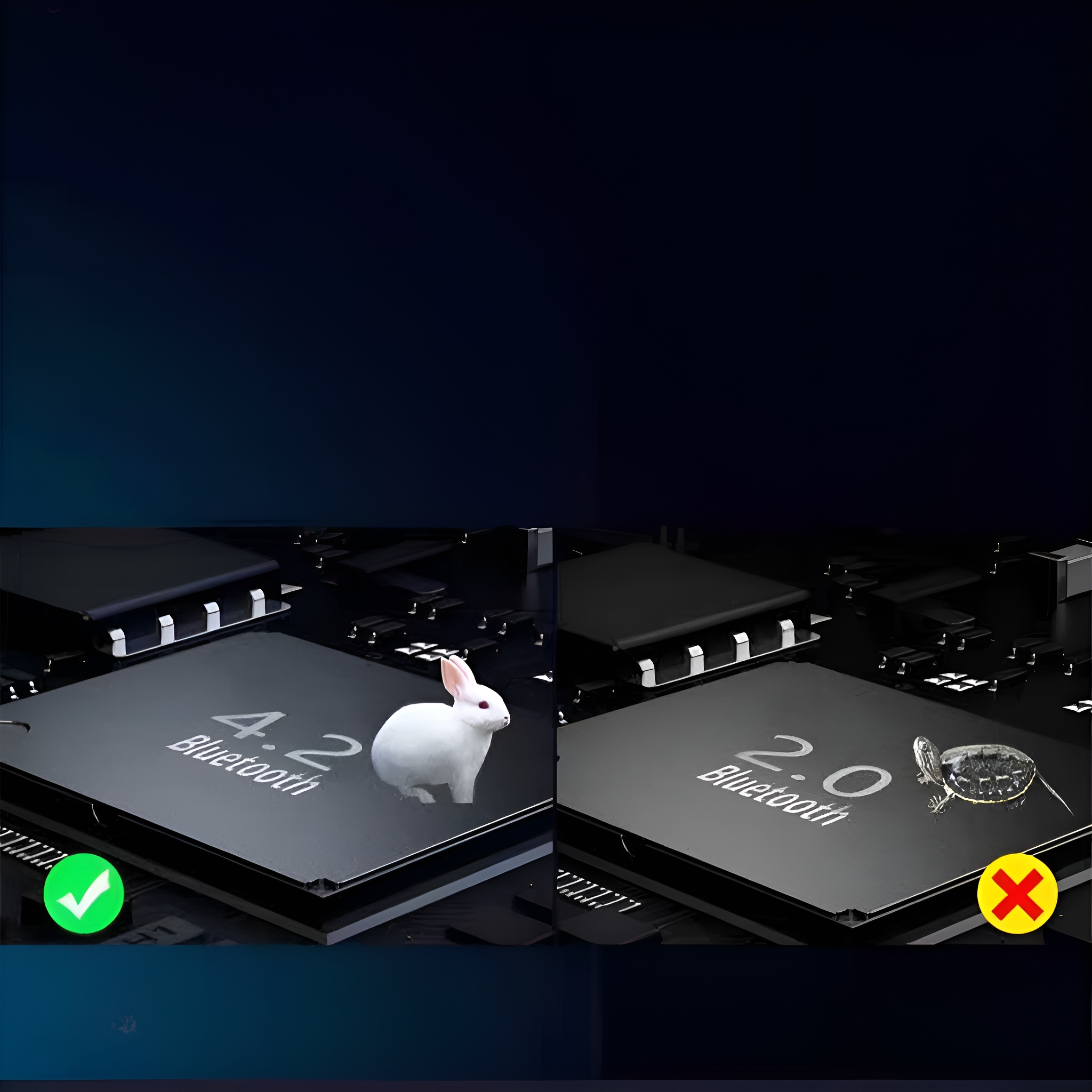 Diagramm von Bluetooth 4.2 vs. 2.0. Hase auf 4.2, zerbrochene Uhr auf 2.0. Haken- und Kreuzsymbole.