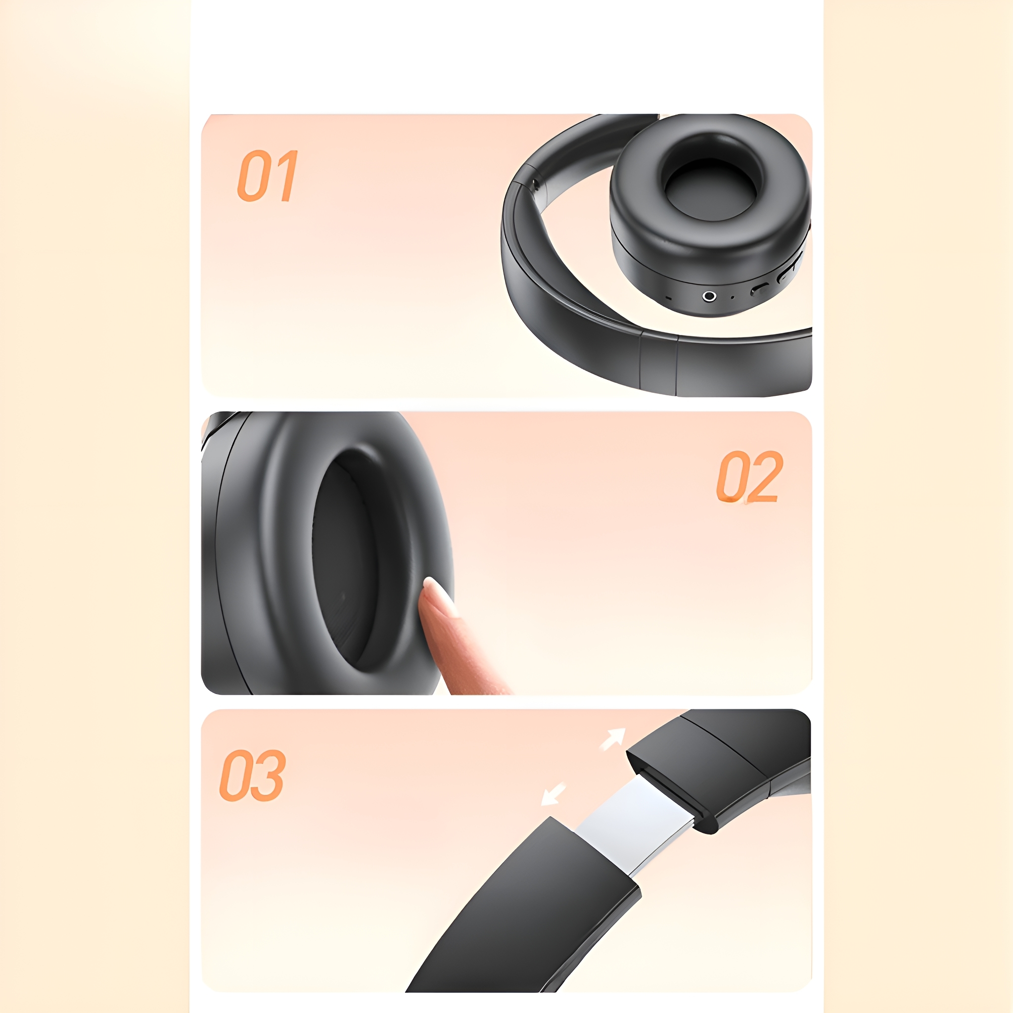 Schwarze Kopfhörer mit Ohrmuscheln und Falt-Design, in drei Phasen mit Zahlen dargestellt.