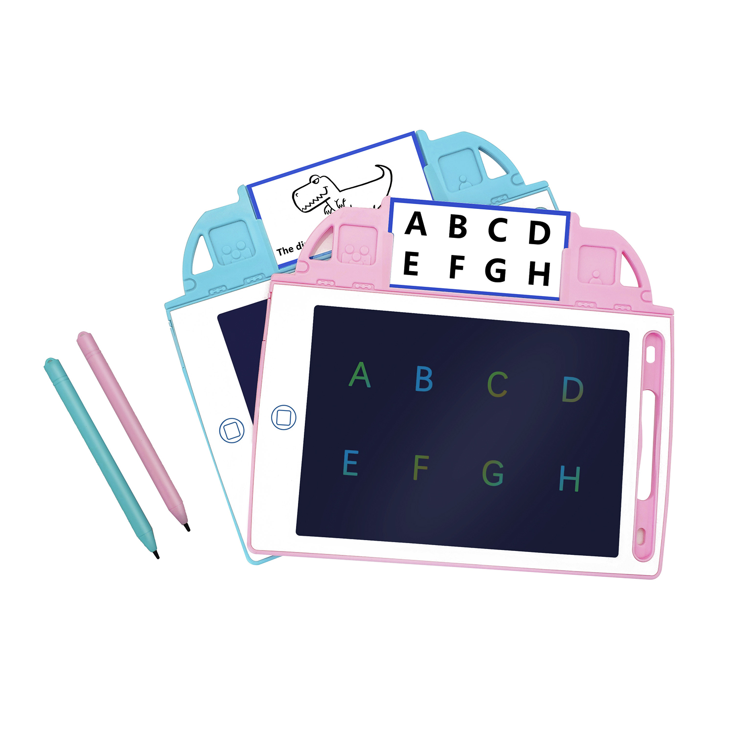Drei Lerntablets mit bunten Stiften. Jedes Tablet zeigt Buchstaben und Zeichnungen. Weißer Hintergrund.