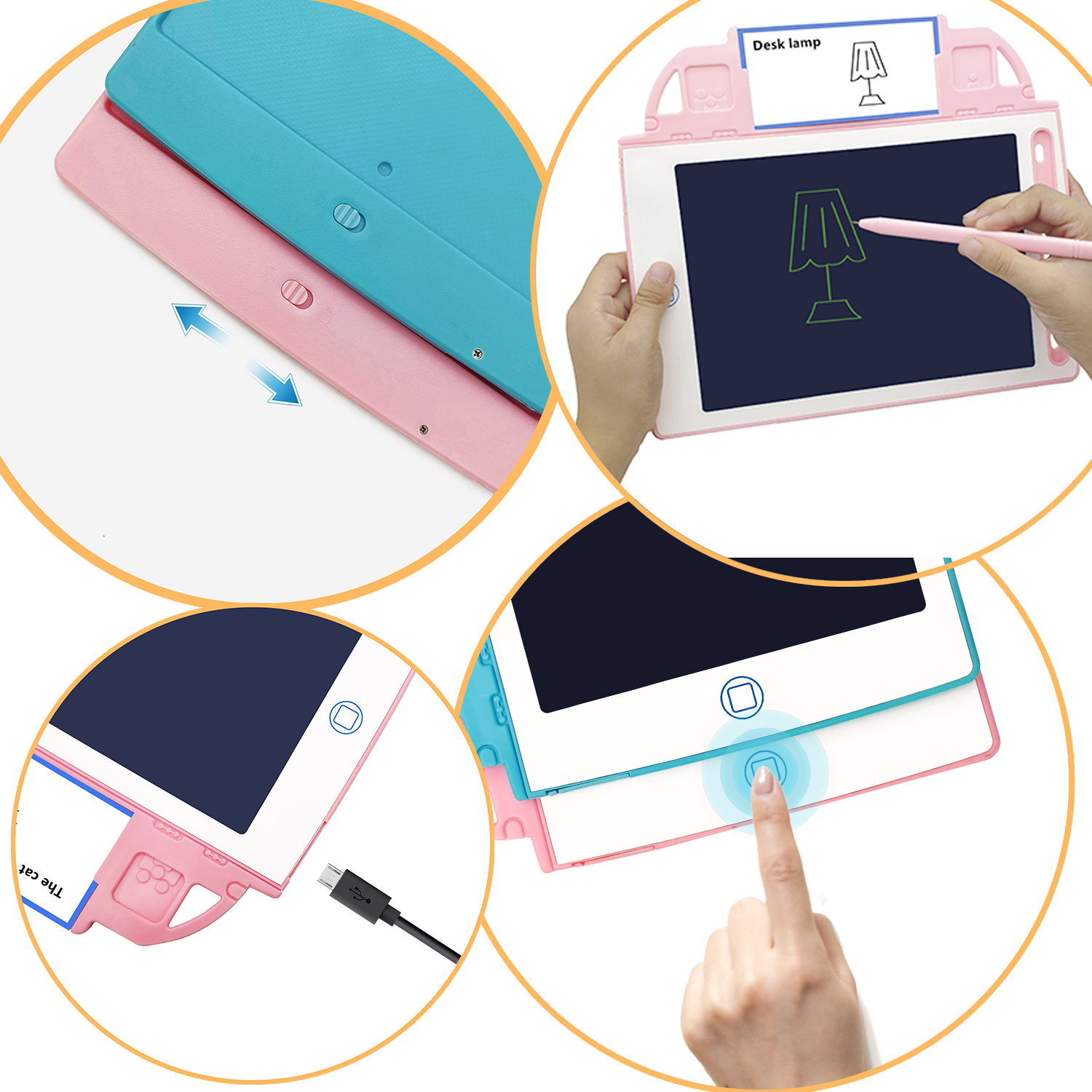 Mehrere Bilder zeigen ein rosa und blaues Tablet mit einer Zeichnung einer Schreibtischlampe. Weißer Hintergrund.