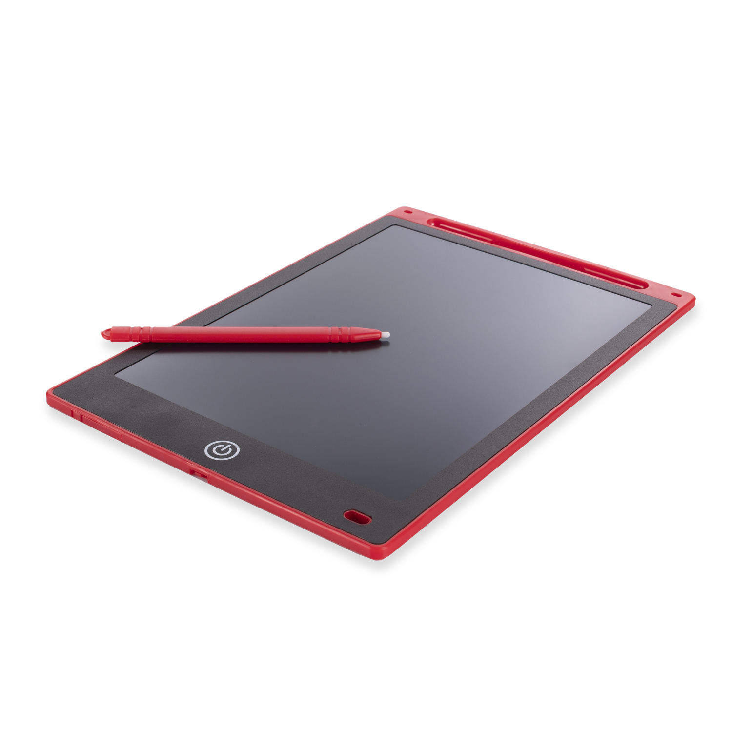 Ein rot umrahmtes Tablet mit schwarzem Bildschirm und einem roten Stift darauf, platziert auf weißer Oberfläche.
