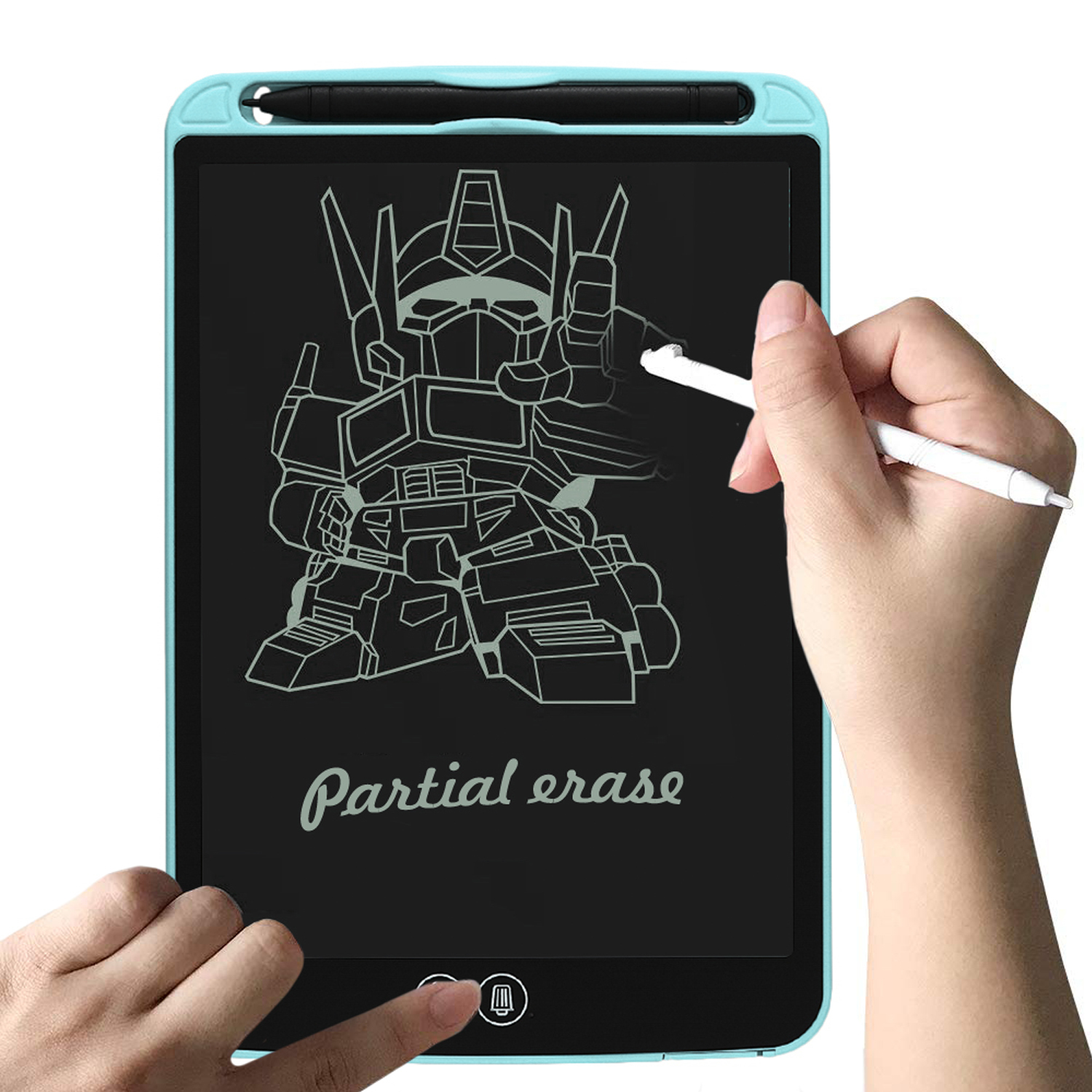 Ein tealfarbenes Tablet mit einer Zeichnung eines Roboters und einer Hand, die einen Stift benutzt.