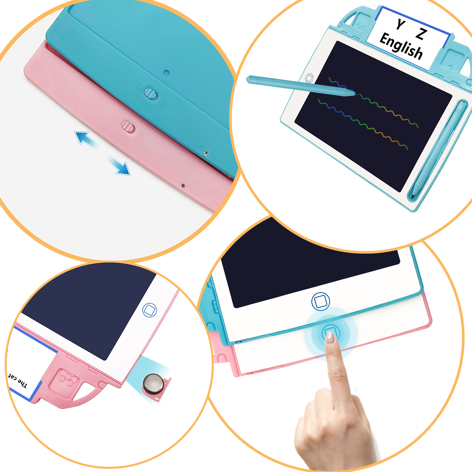 Bilder zeigen einen Schreibtablett für Kinder mit einem Stift. Das Tablet ist pink und blau, und der Stift ist auch blau.