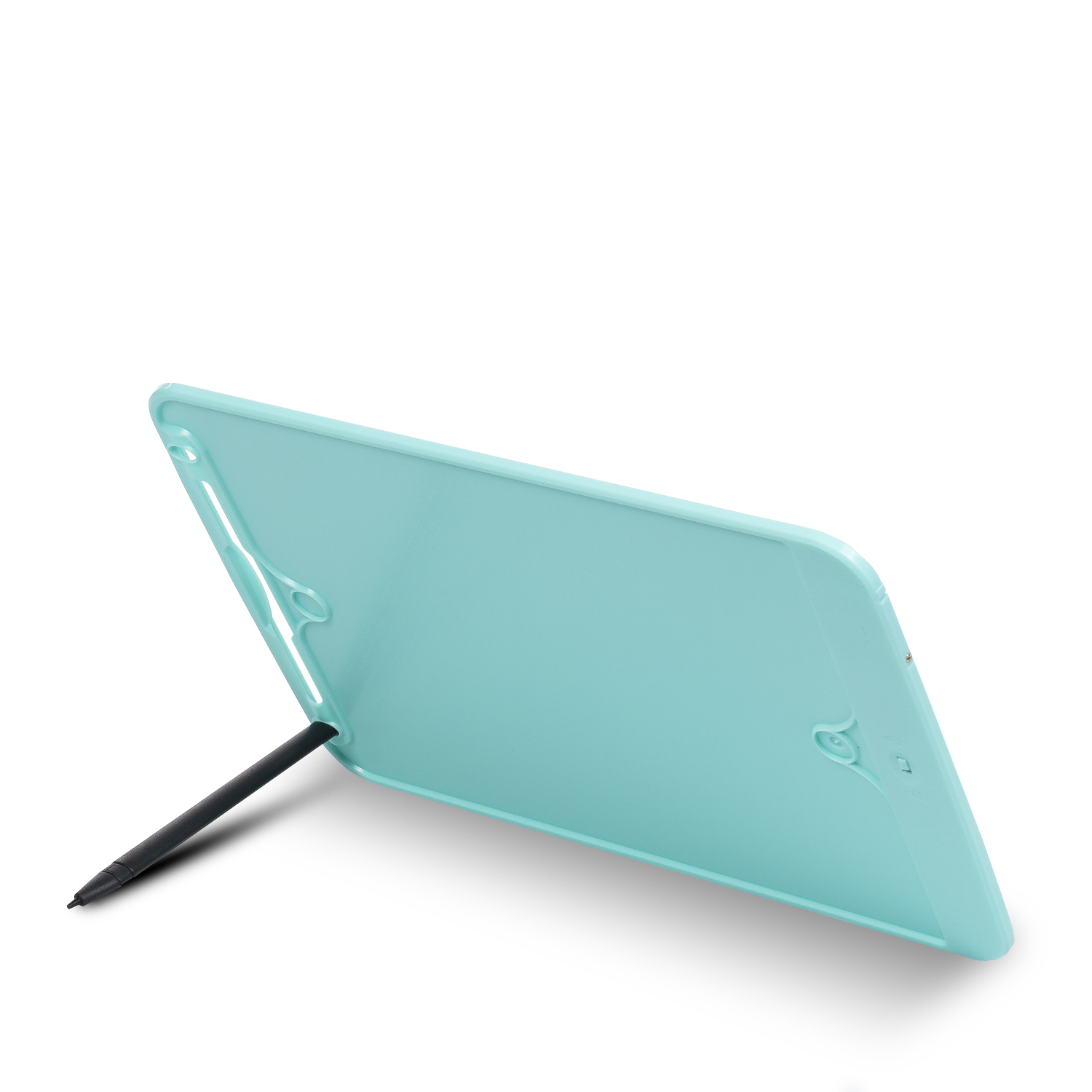 Aqua Tablethülle mit einem Stift, in einem Winkel abgestützt.