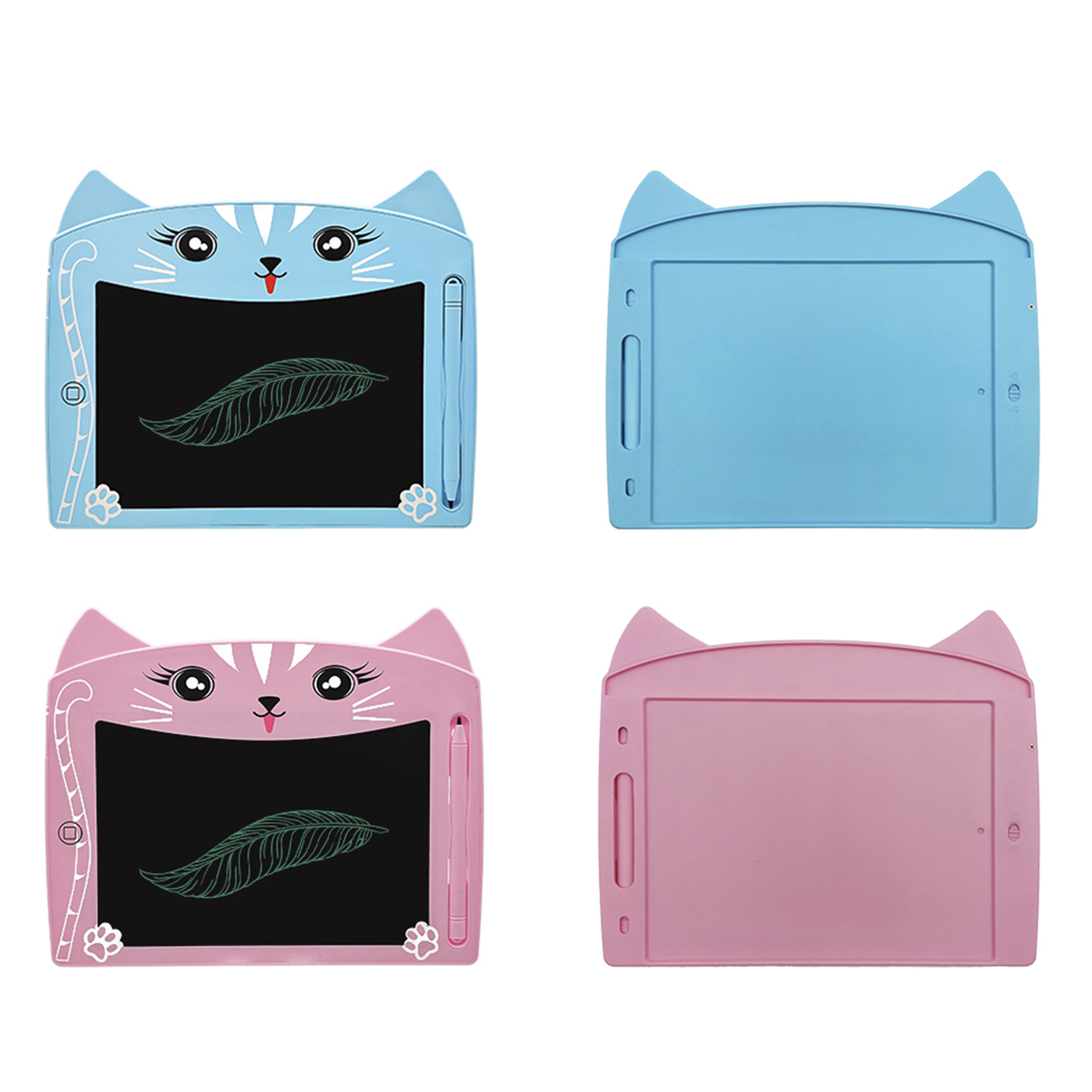 Vier katzenförmige Zeichenbretter in Blau und Rosa.