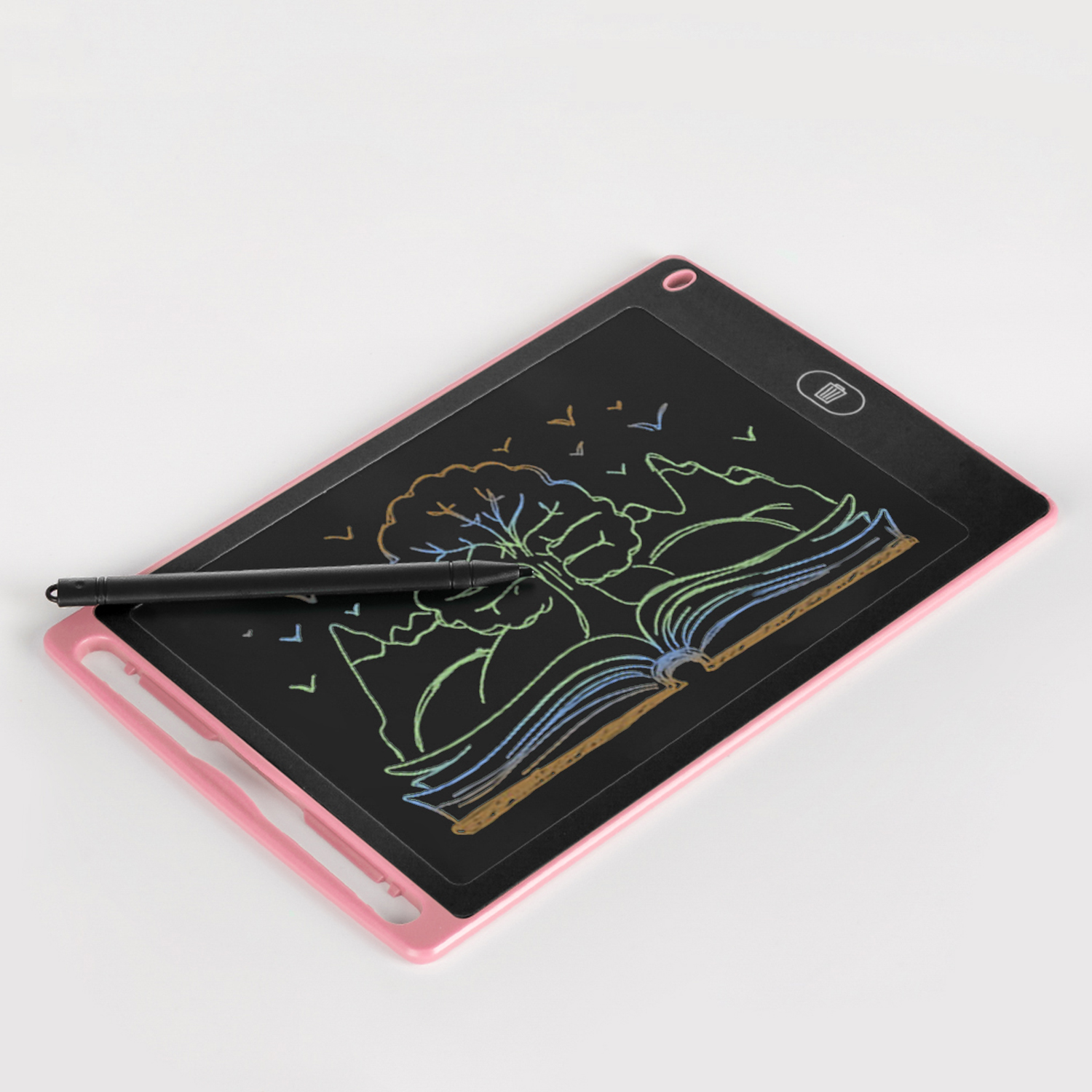 Rosa Schreibtafel mit Stift. Der Bildschirm zeigt eine Zeichnung eines Buches und Baumes.