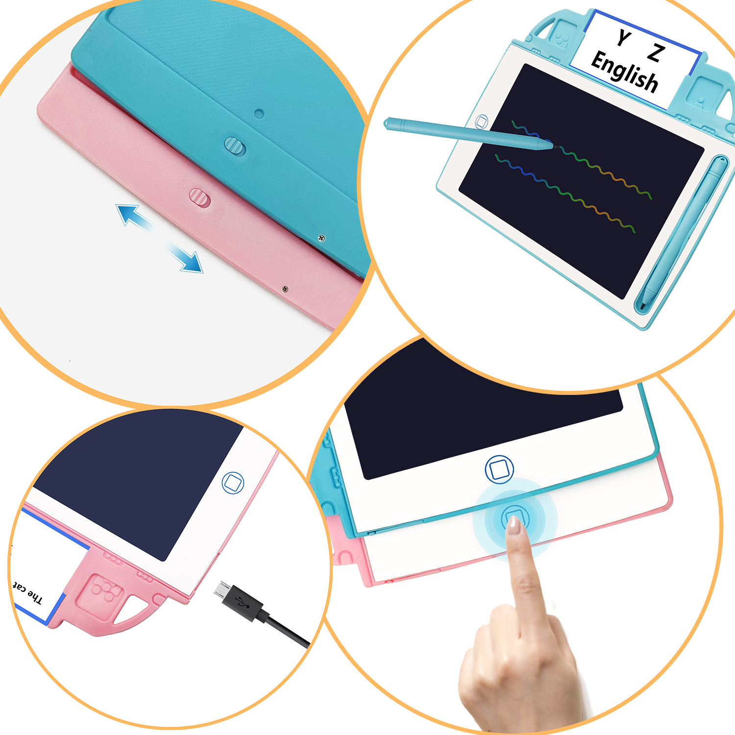Kinder-Zeichentabletts, rosa und blau. Eines zeigt Zeichnungen, andere zeigen Zeichnung mit Finger.