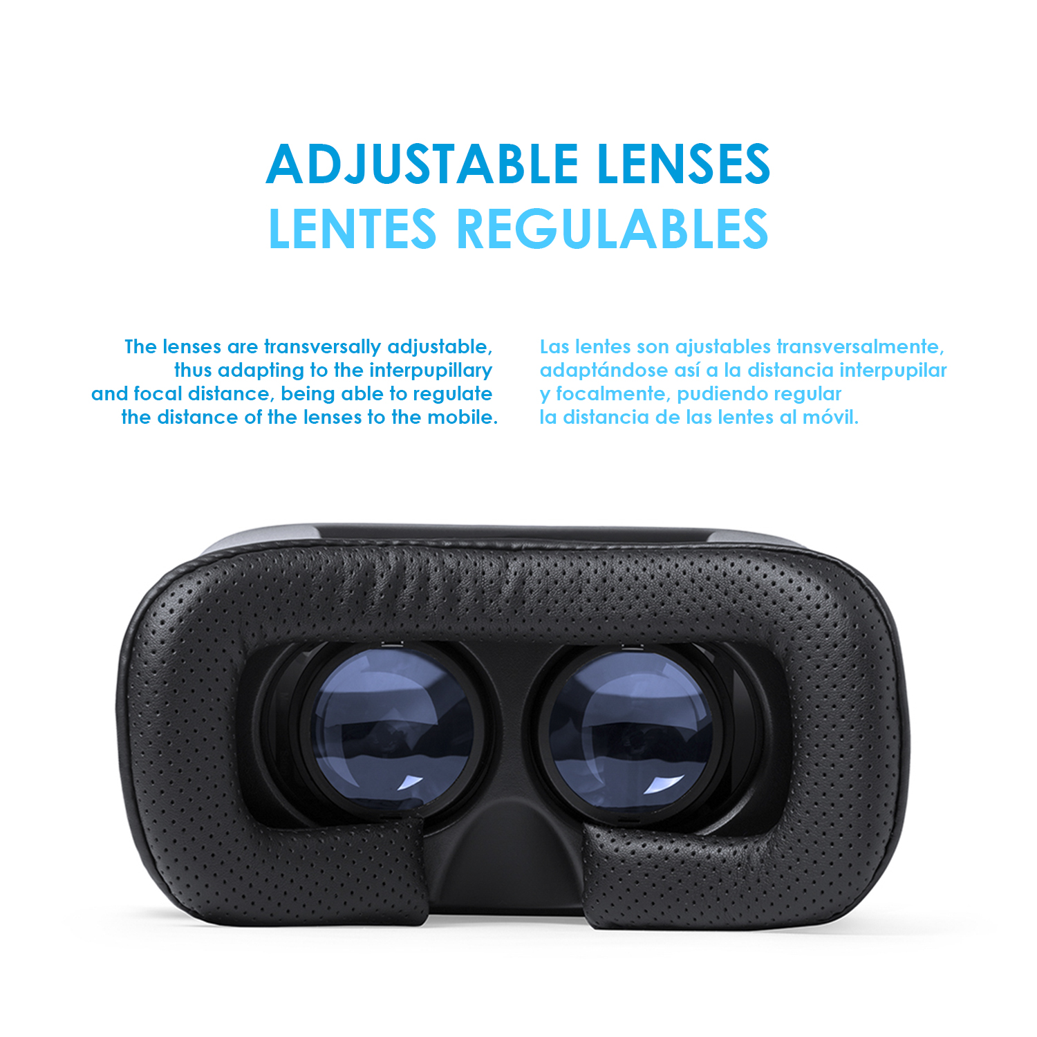 Cuffie VR con lenti regolabili. Testo: Adjustable Lenses e Lentes Regulables.