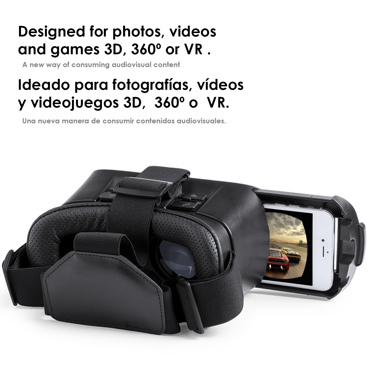 Visore VR con telefono dentro, sfondo bianco, testo pubblicitario.