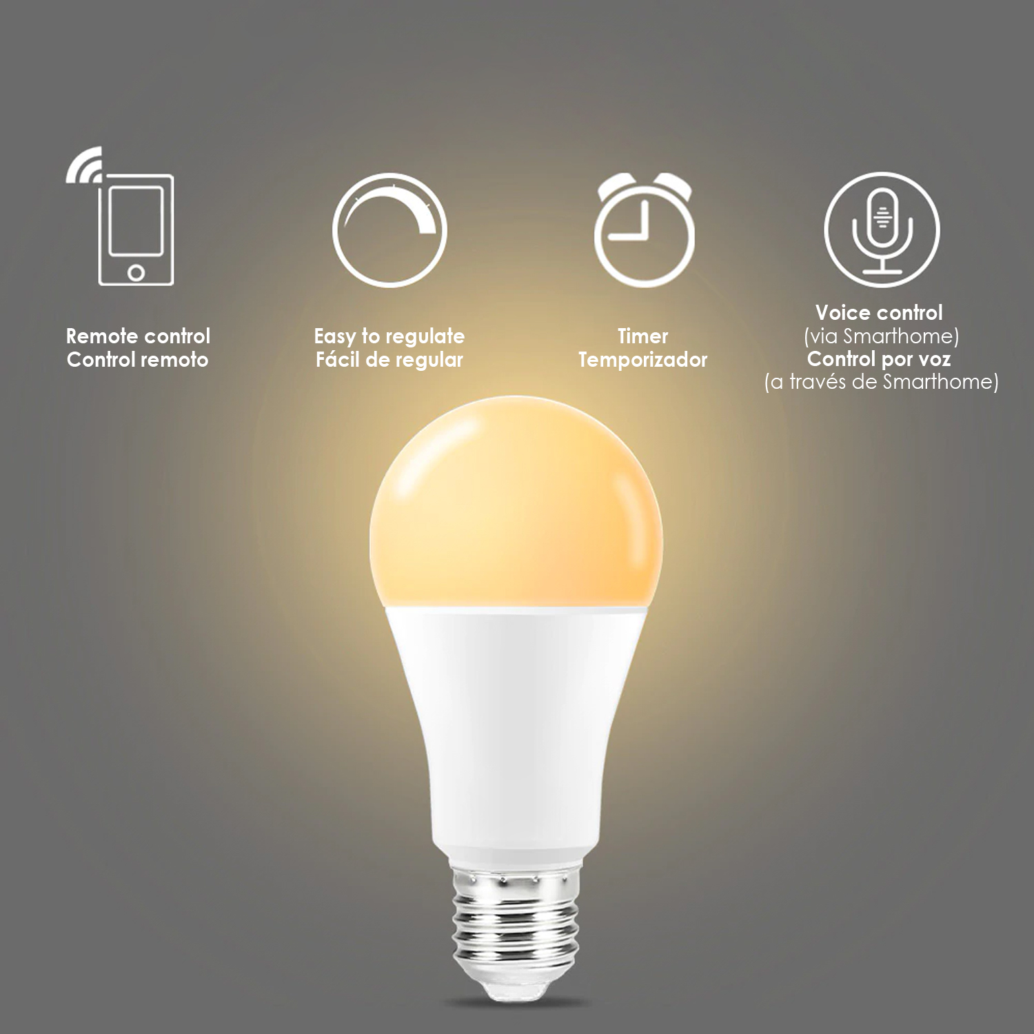 Lampadina bianca con icone per telecomando, timer e controllo vocale.