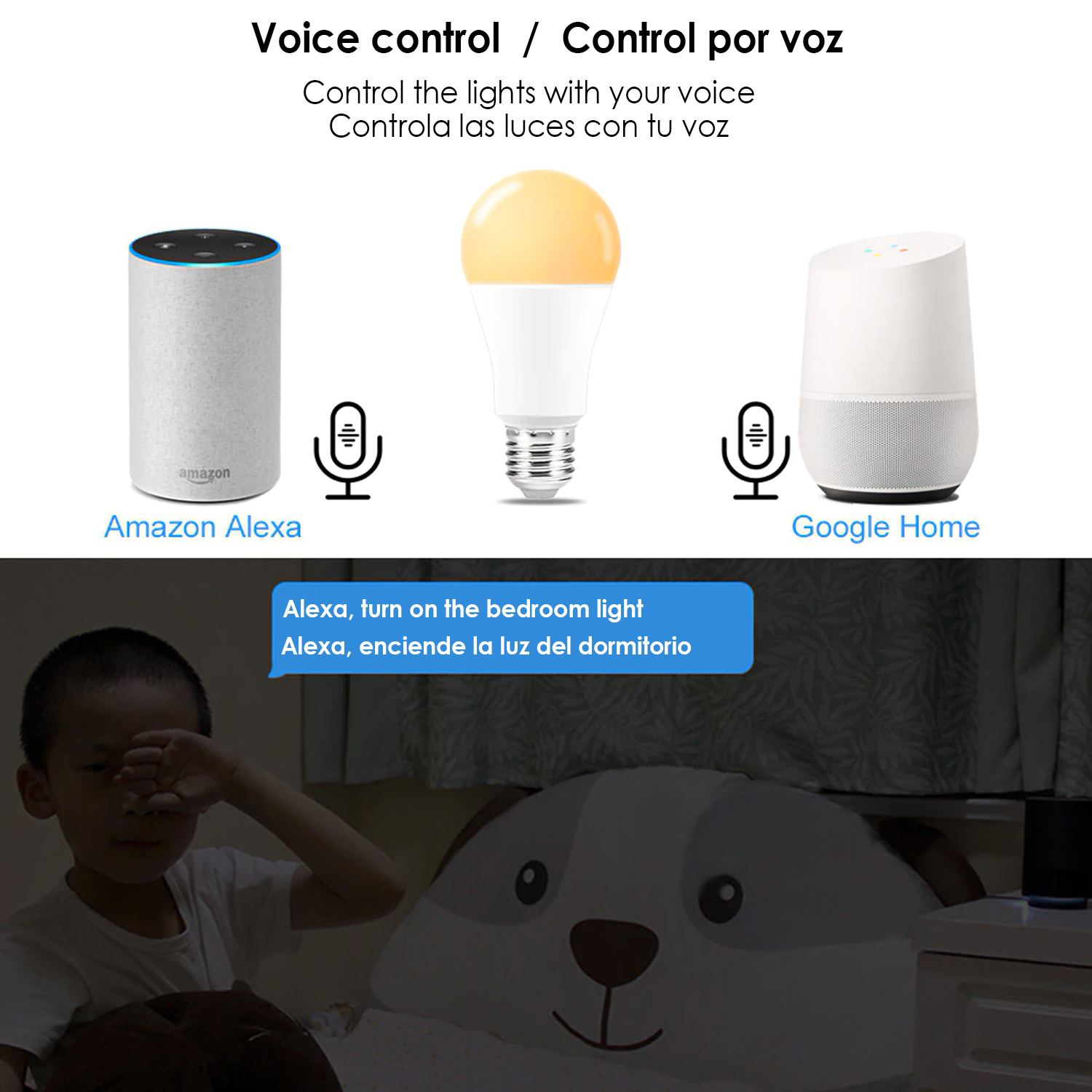 Configurazione controllo vocale con Amazon Alexa, una lampadina e Google Home, con testo.