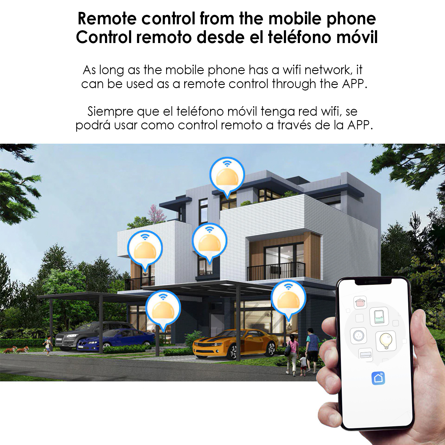 Una mano che tiene un telefono con app, che mostra una casa con auto. Il testo dice "Controllo remoto dal cellulare".