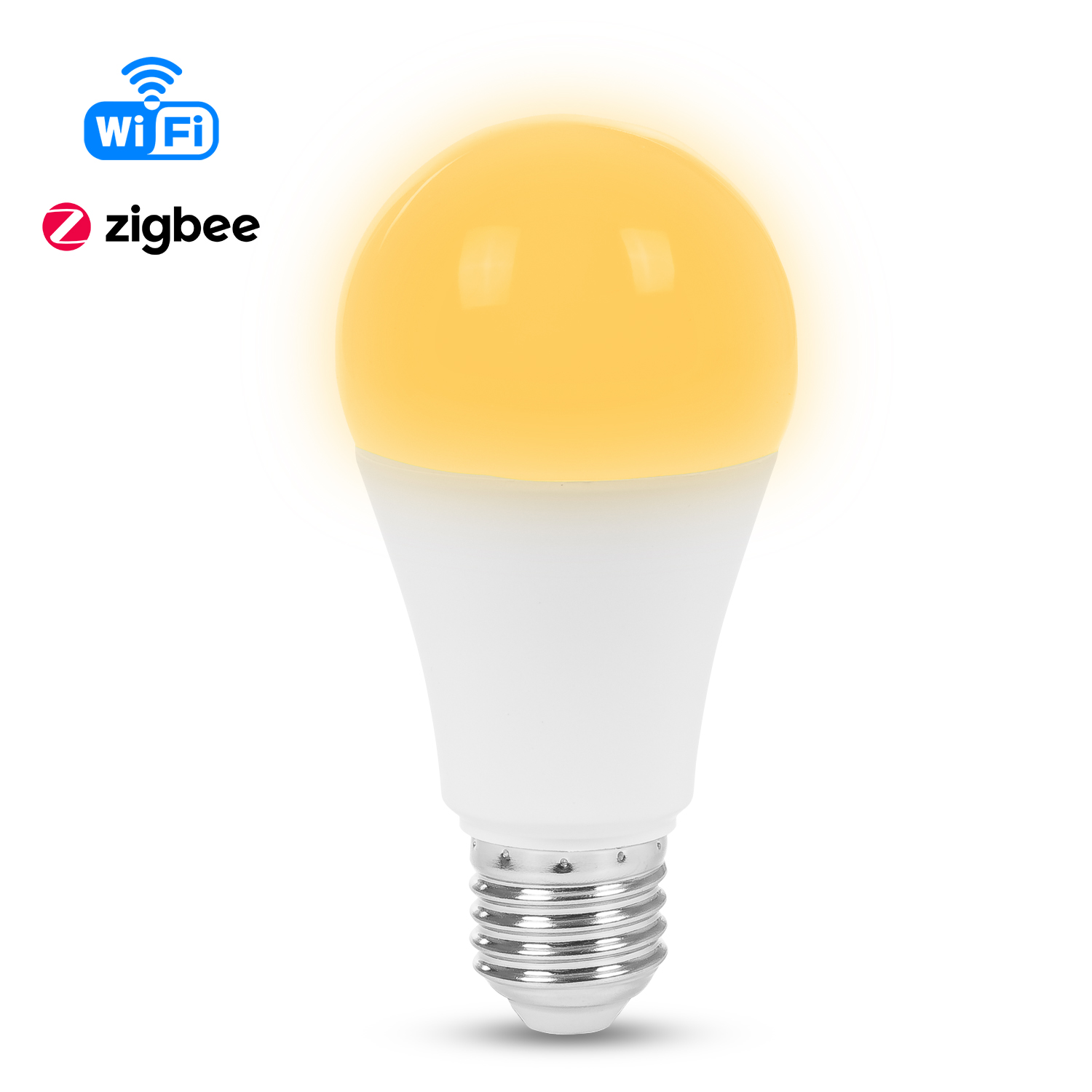 Lampadina intelligente bianca e gialla con simboli wifi e zigbee.