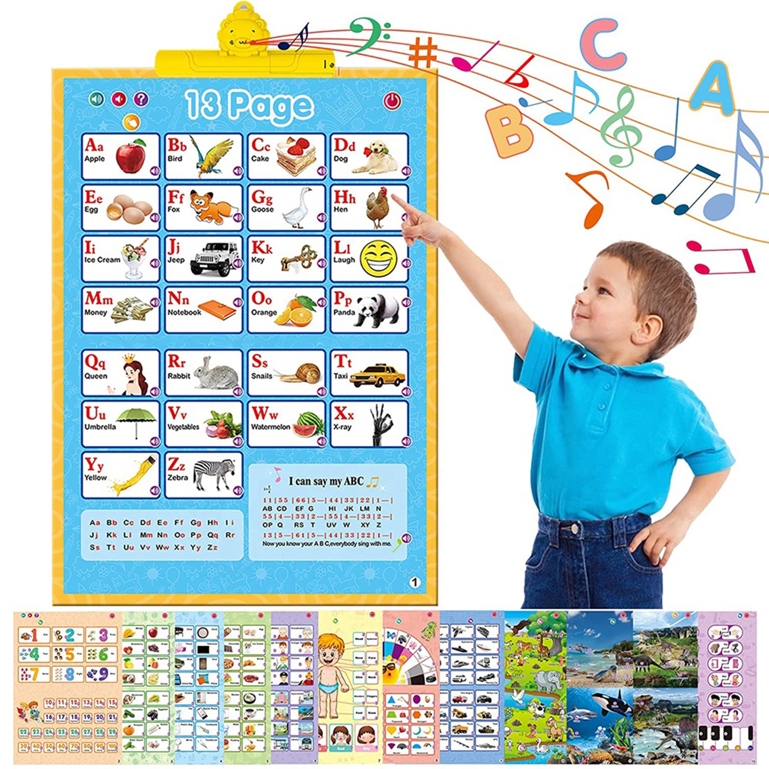 Un bambino indica una tabella educativa colorata con lettere, numeri e immagini.