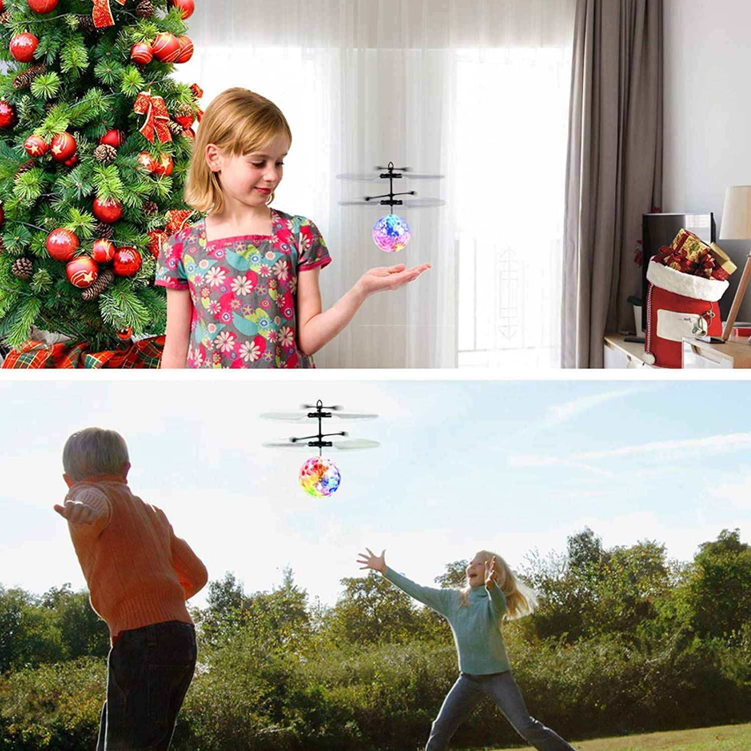 Kinder spielen mit schwebenden, farbwechselnden Bällen in der Nähe eines Weihnachtsbaums.