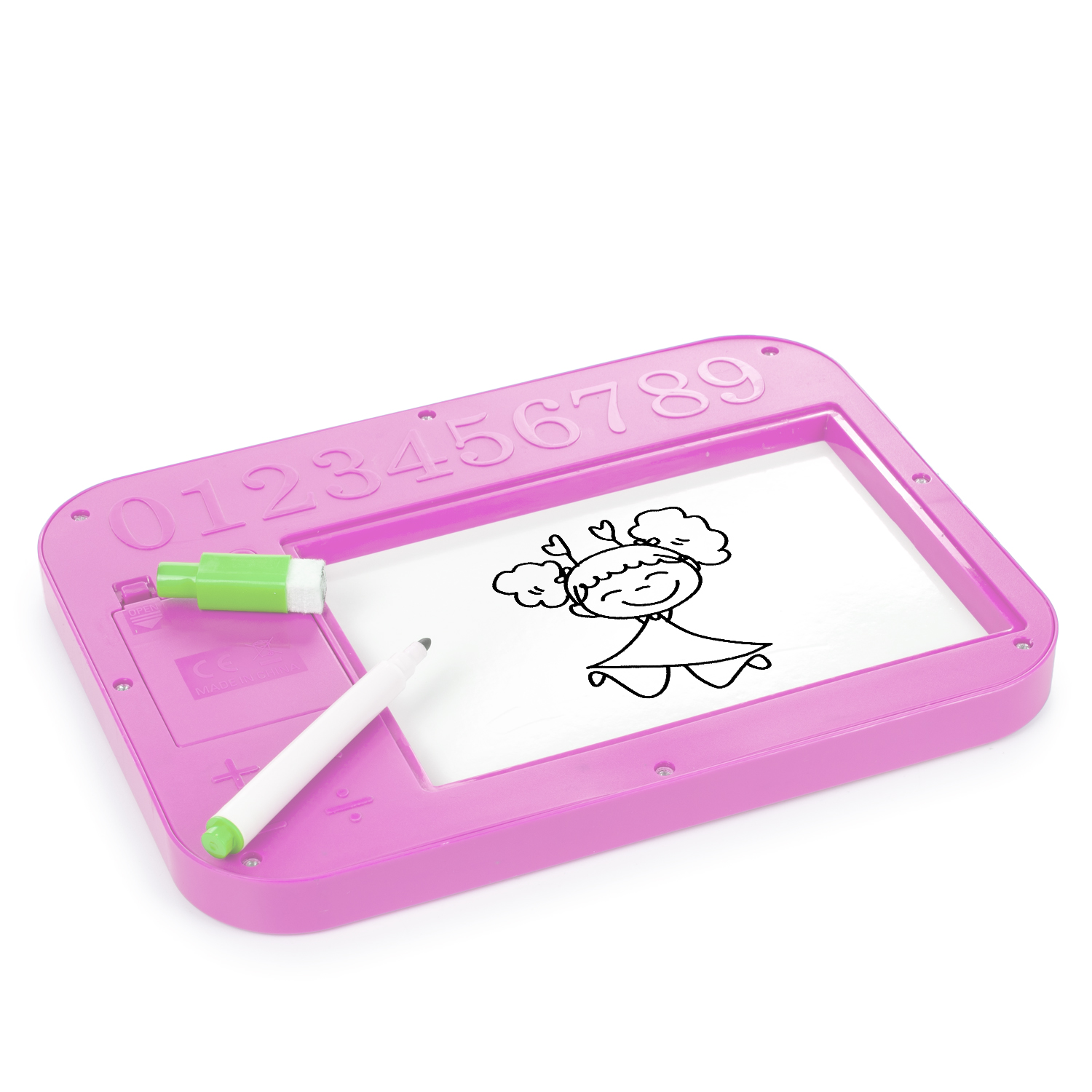 Una lavagna rosa con numeri e il disegno di una bambina con penna e pennarello.