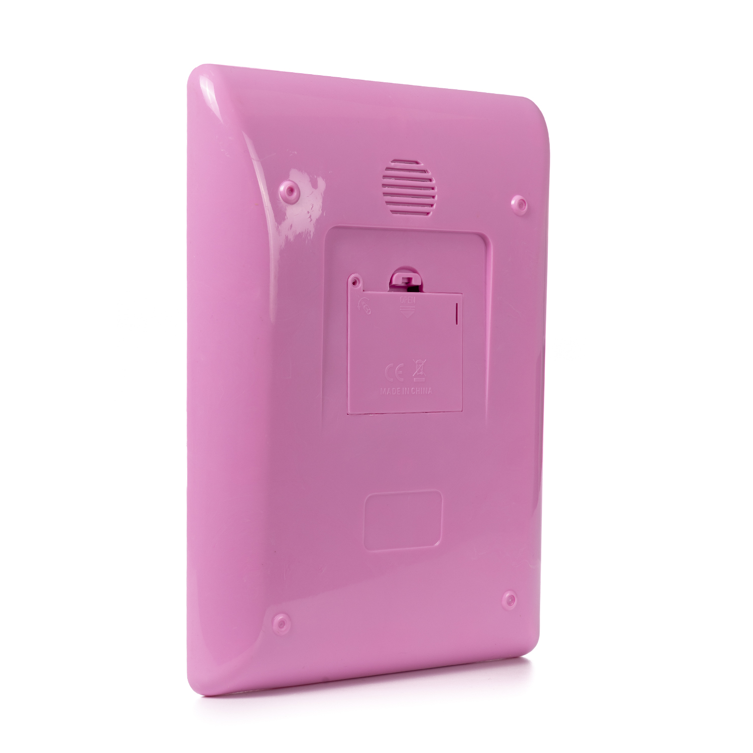 Báscula electrónica rosa, vista inferior, con compartimento de batería, fondo blanco.