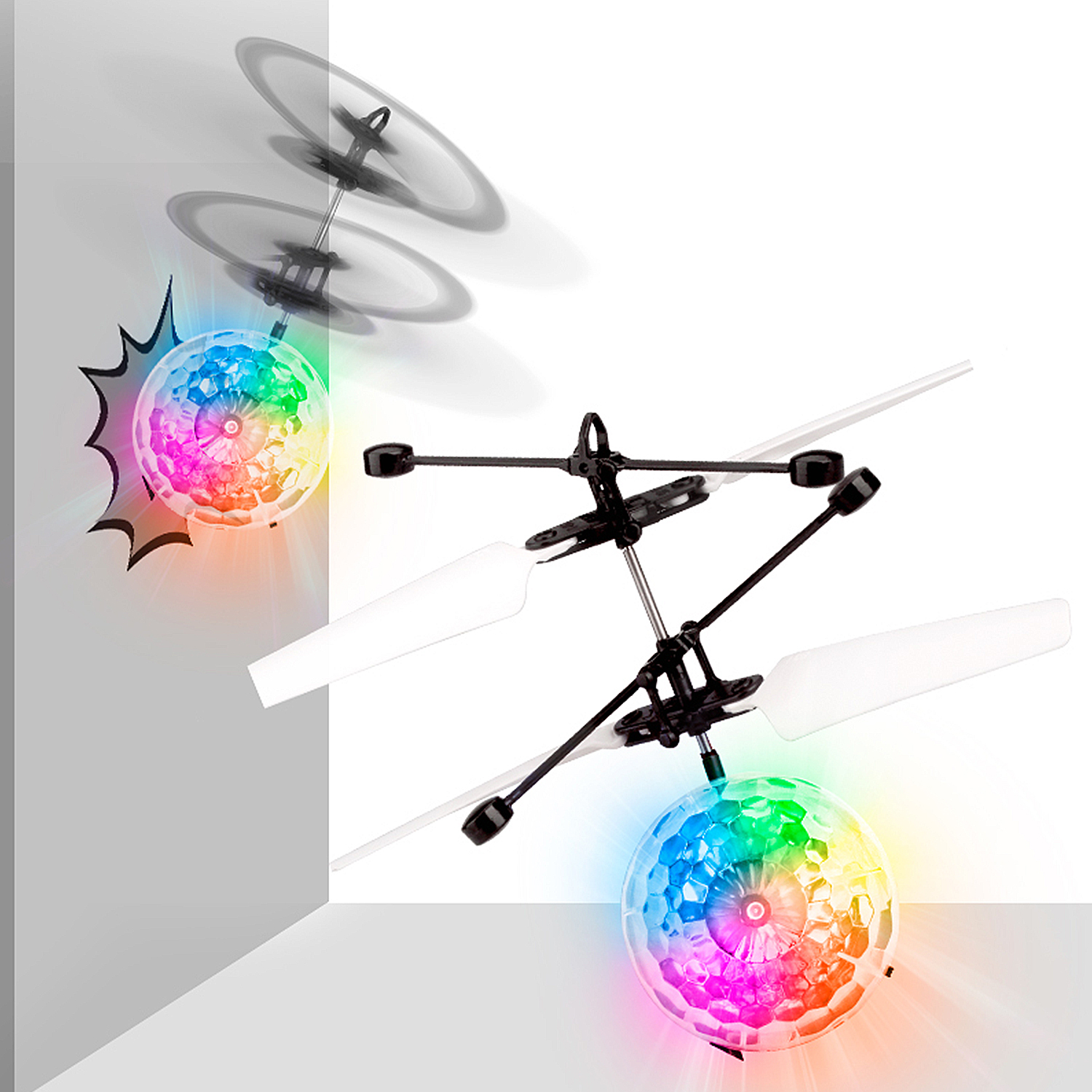 Ein Spielzeug-Hubschrauber mit sich drehenden Rotorblättern und einer leuchtenden Kugel unten.
