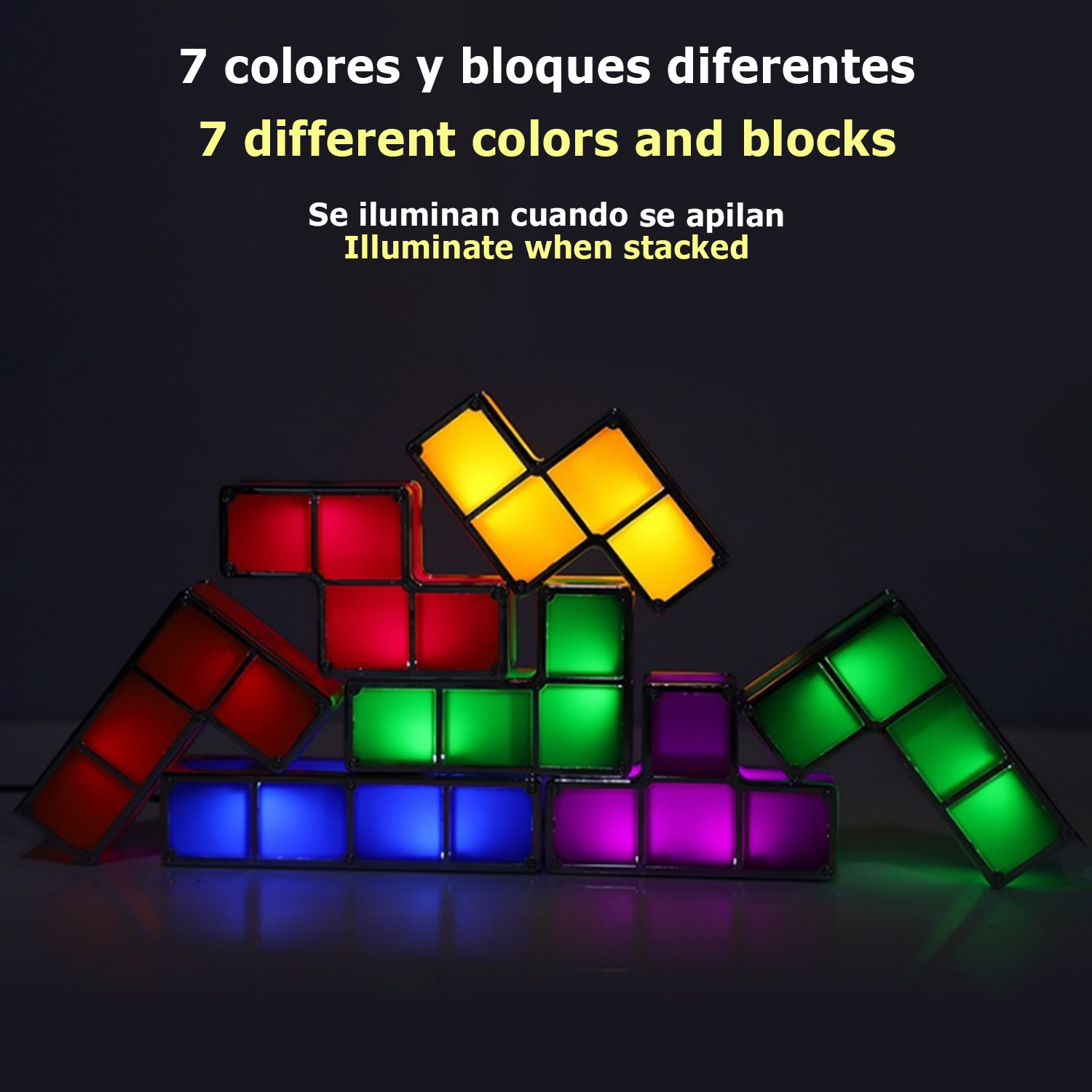 Tetris-ähnliche Lichtblöcke in verschiedenen Farben leuchten auf dunklem Grund.