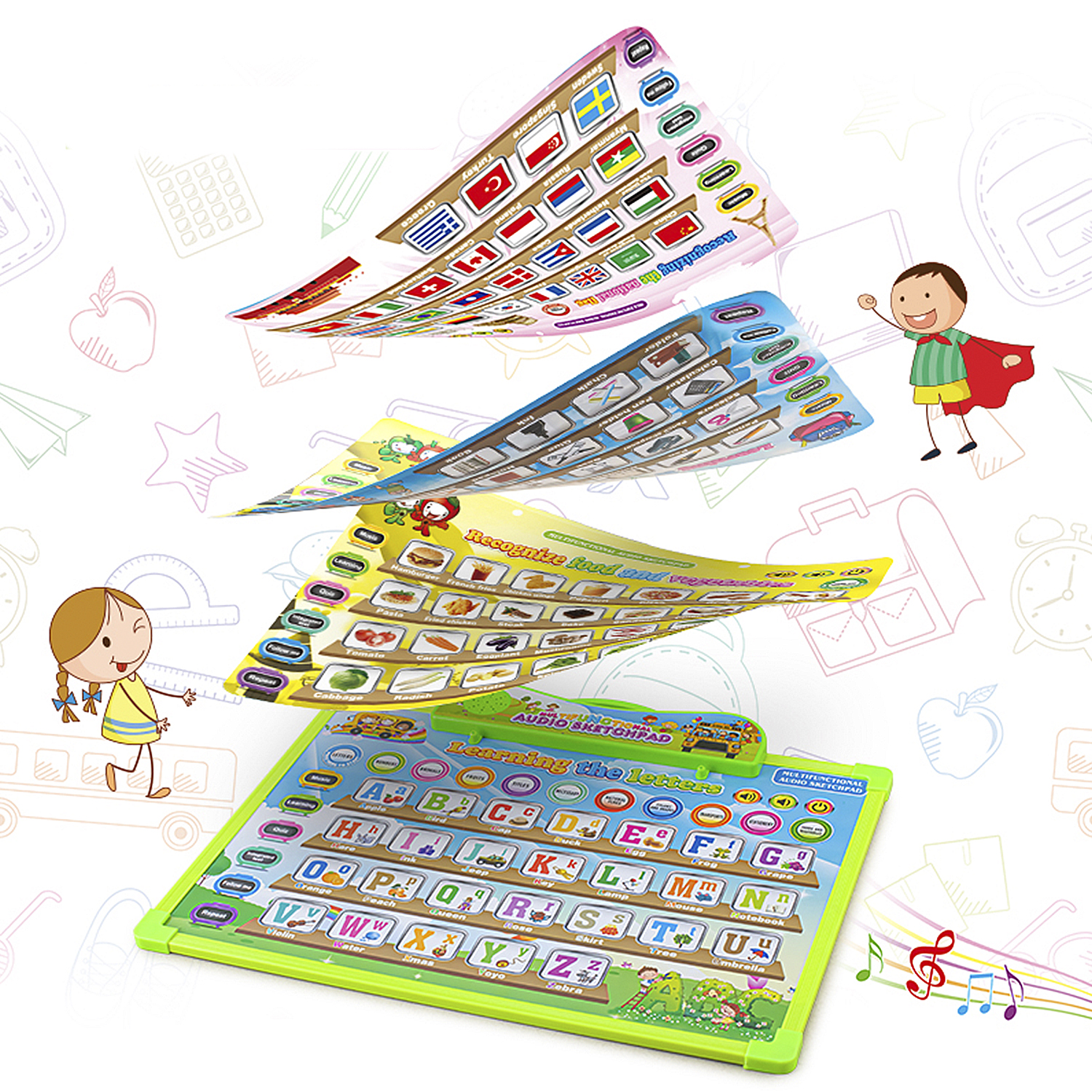 Ein Lernspielzeug mit Buchstaben, Flaggen und Essen. Kinder und Noten sind ebenfalls vorhanden.