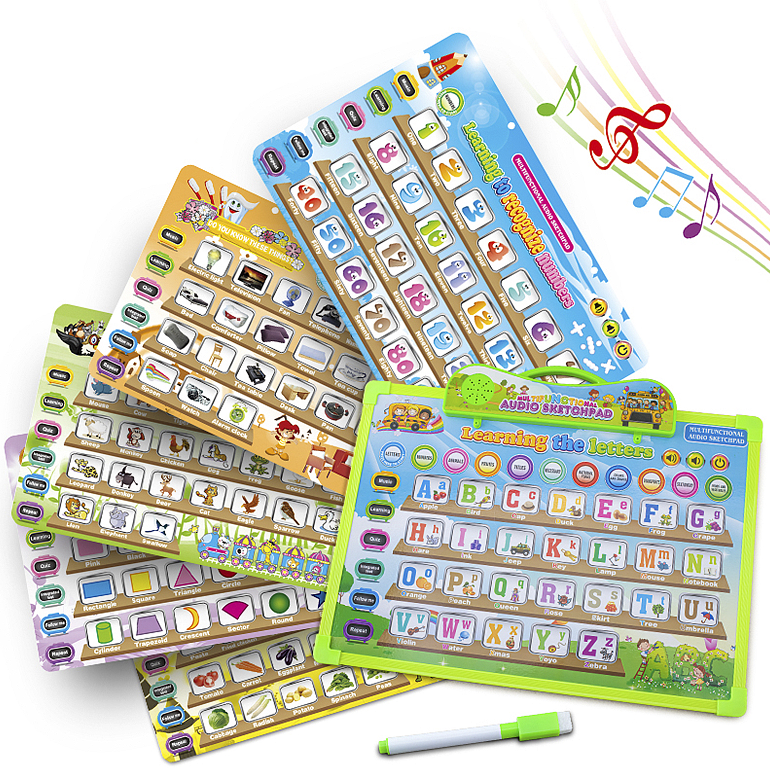 Mehrere Lernboards mit Buchstaben, Zahlen und Formen. Weißer Hintergrund.