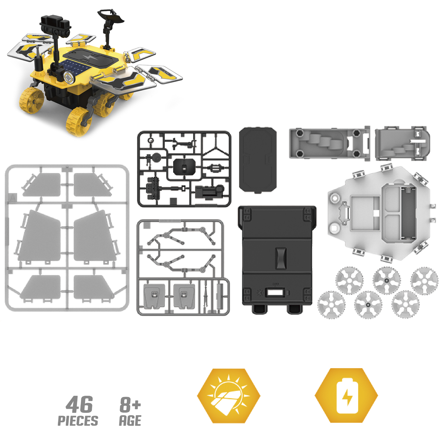 Un robot de juguete amarillo con paneles solares y componentes dispuestos. Un diagrama muestra piezas y edad.