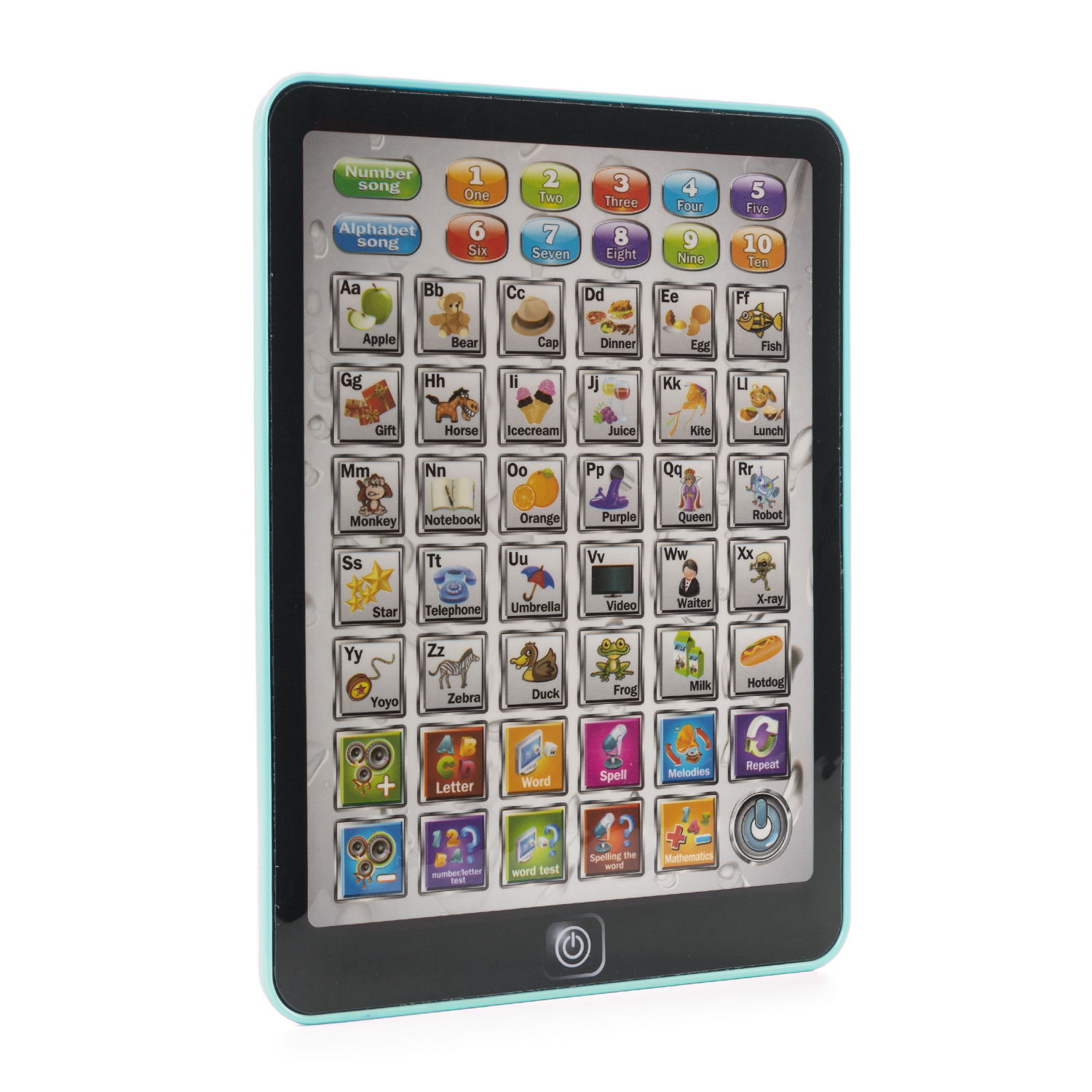 Ein türkisfarbenes und schwarzes Tablet-Spielzeug mit Buchstaben und Zahlen. Es hat mehrere Knöpfe und Bilder.