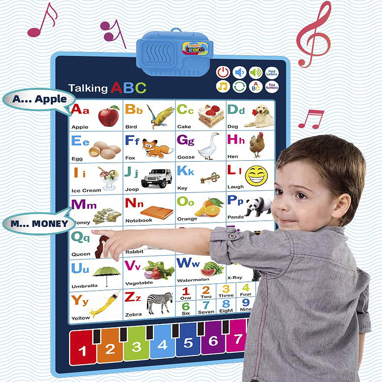 Ein Kind zeigt auf eine sprechende ABC-Lerntafel mit Bildern und Buchstaben. Noten und Symbole.