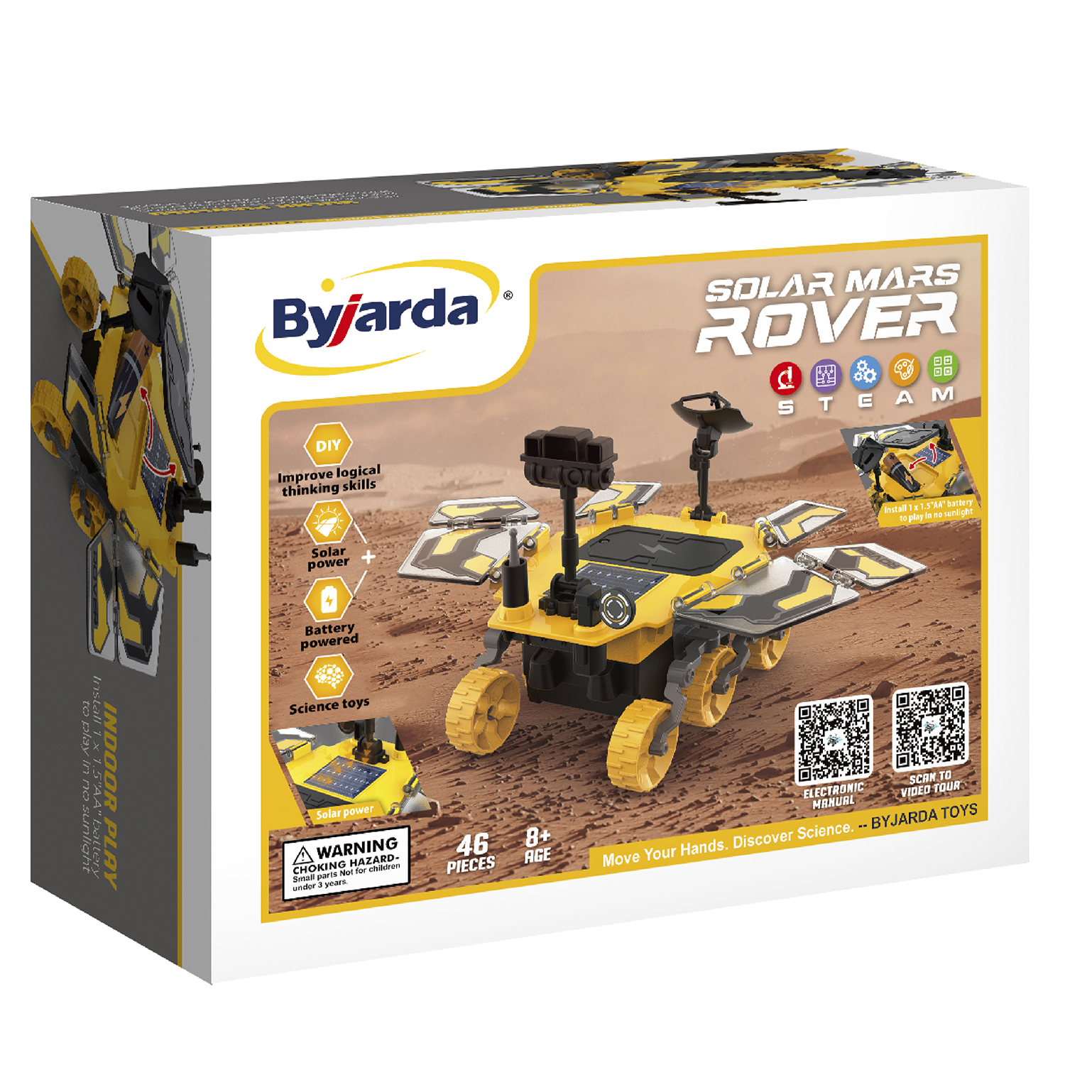 Juguete en caja con un modelo de Mars Rover amarillo. La caja muestra el juguete y sus características.