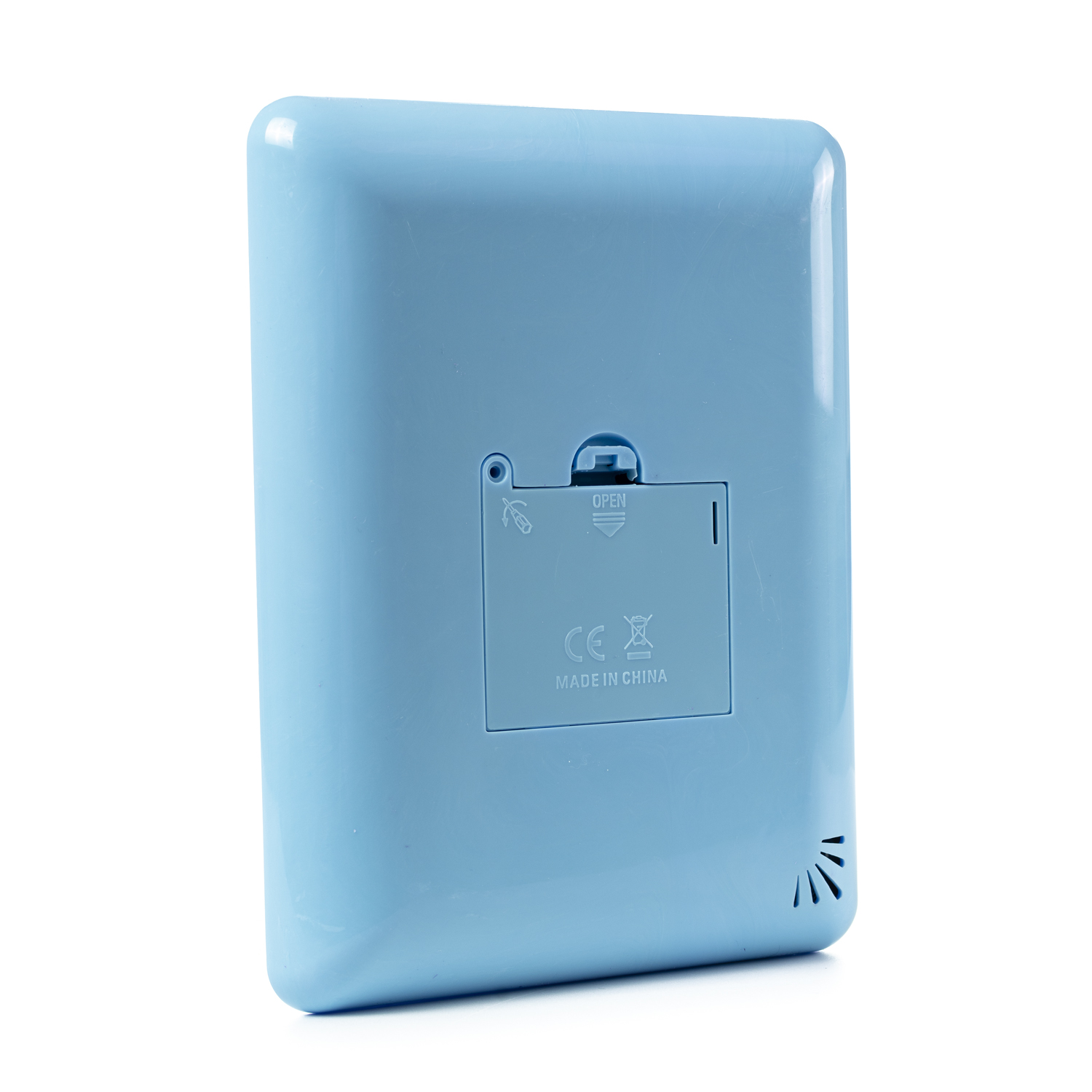 Rückseite eines blauen Babyphones. Offenes Batteriefach.