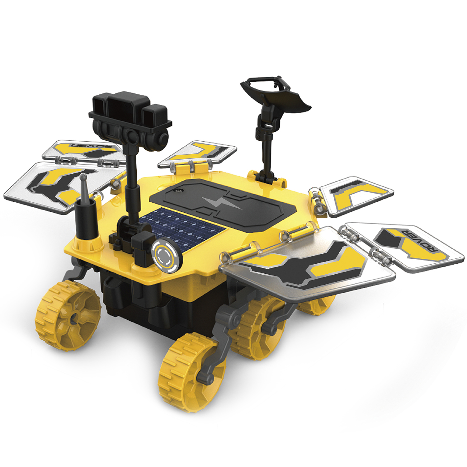 Robot amarillo y negro con paneles solares y múltiples antenas sobre un fondo blanco.