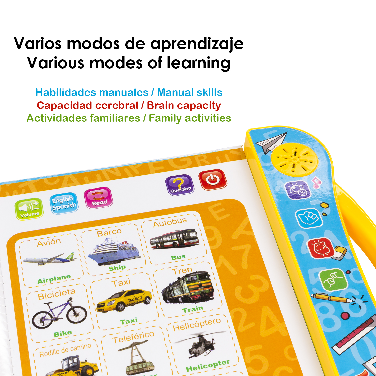 Un juguete educativo que muestra texto en varios idiomas e ilustraciones de vehículos.