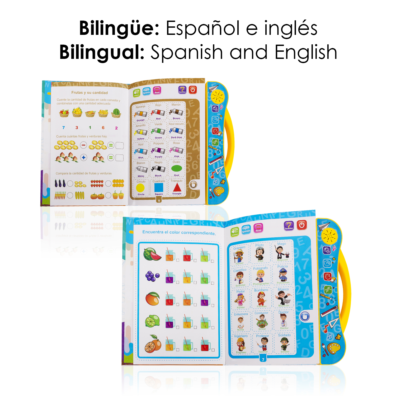 Libro infantil bilingüe abierto con páginas coloridas y un asa amarilla a la derecha.