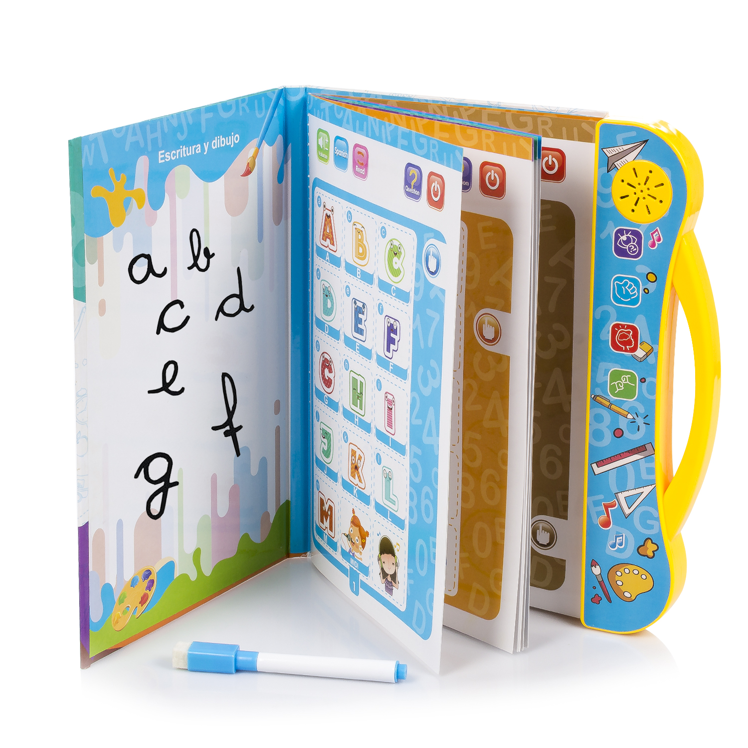 Libro educativo abierto con páginas coloridas, letras e imágenes. Un bolígrafo blanco en frente.