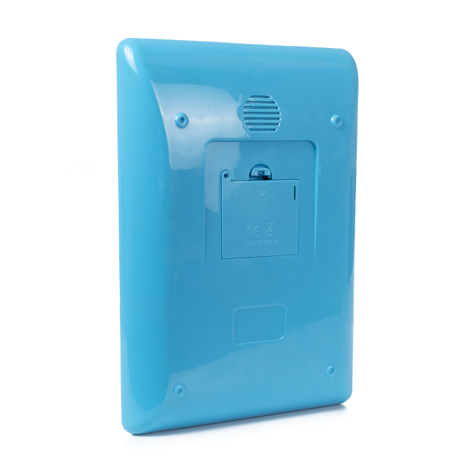 Blaue Spielkonsole. Auf der Rückseite befinden sich ein Batteriefach und ein Lautsprecher. Weißer Hintergrund.