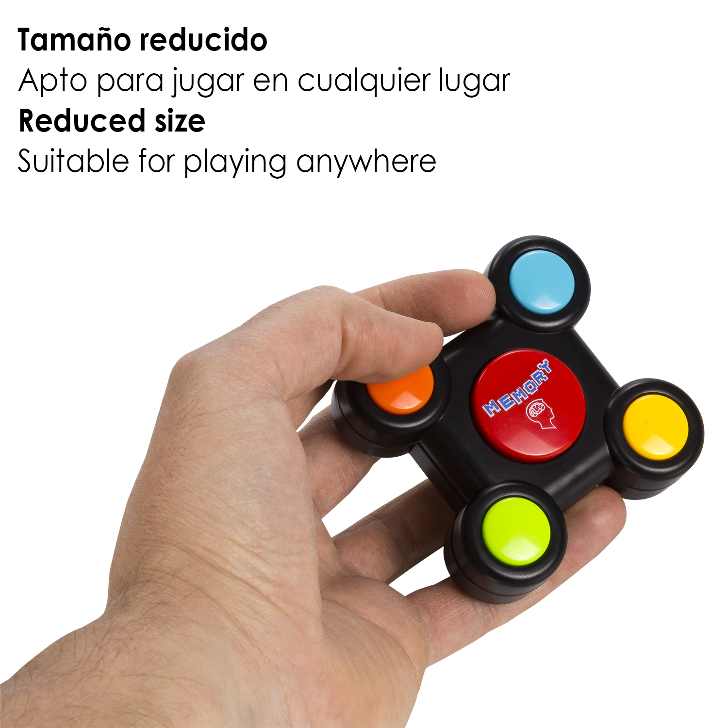 Un gioco di memoria nero tenuto in mano, con pulsanti colorati. Testo in inglese e spagnolo.