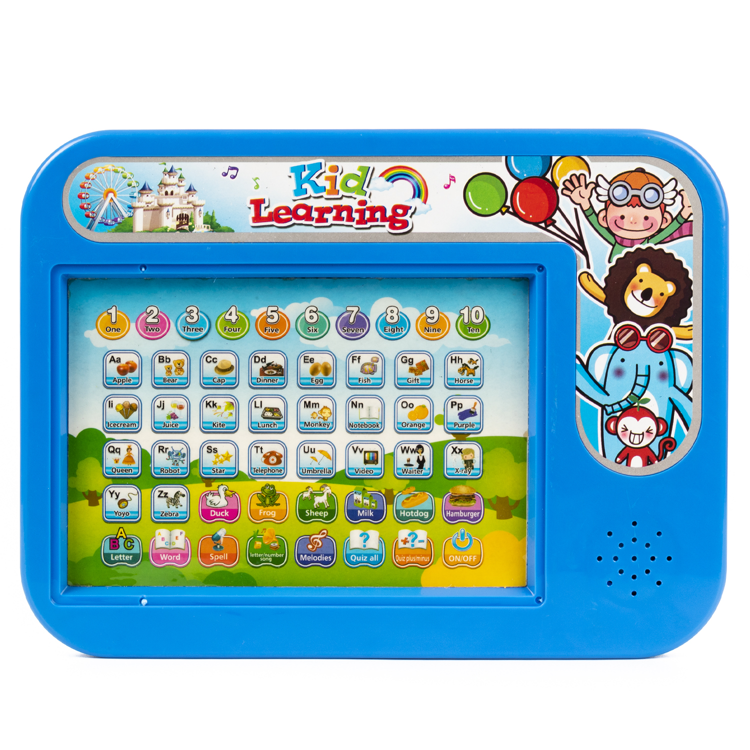Una tableta azul Kid Learning con letras, números e imágenes, con altavoz y botones.