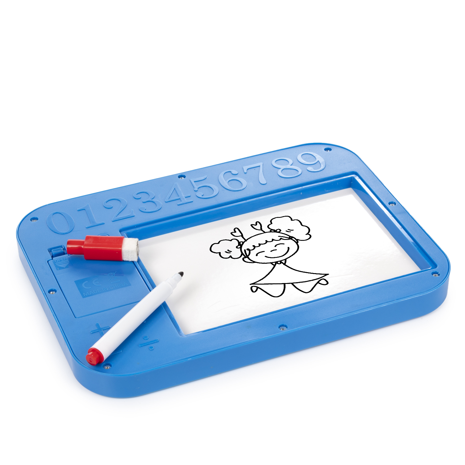 Tablero de dibujo azul con números, un marcador y un dibujo de una niña.