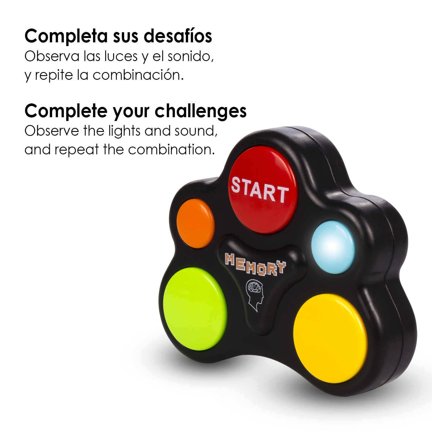Juego de memoria negro con botones de colores y botón de inicio.