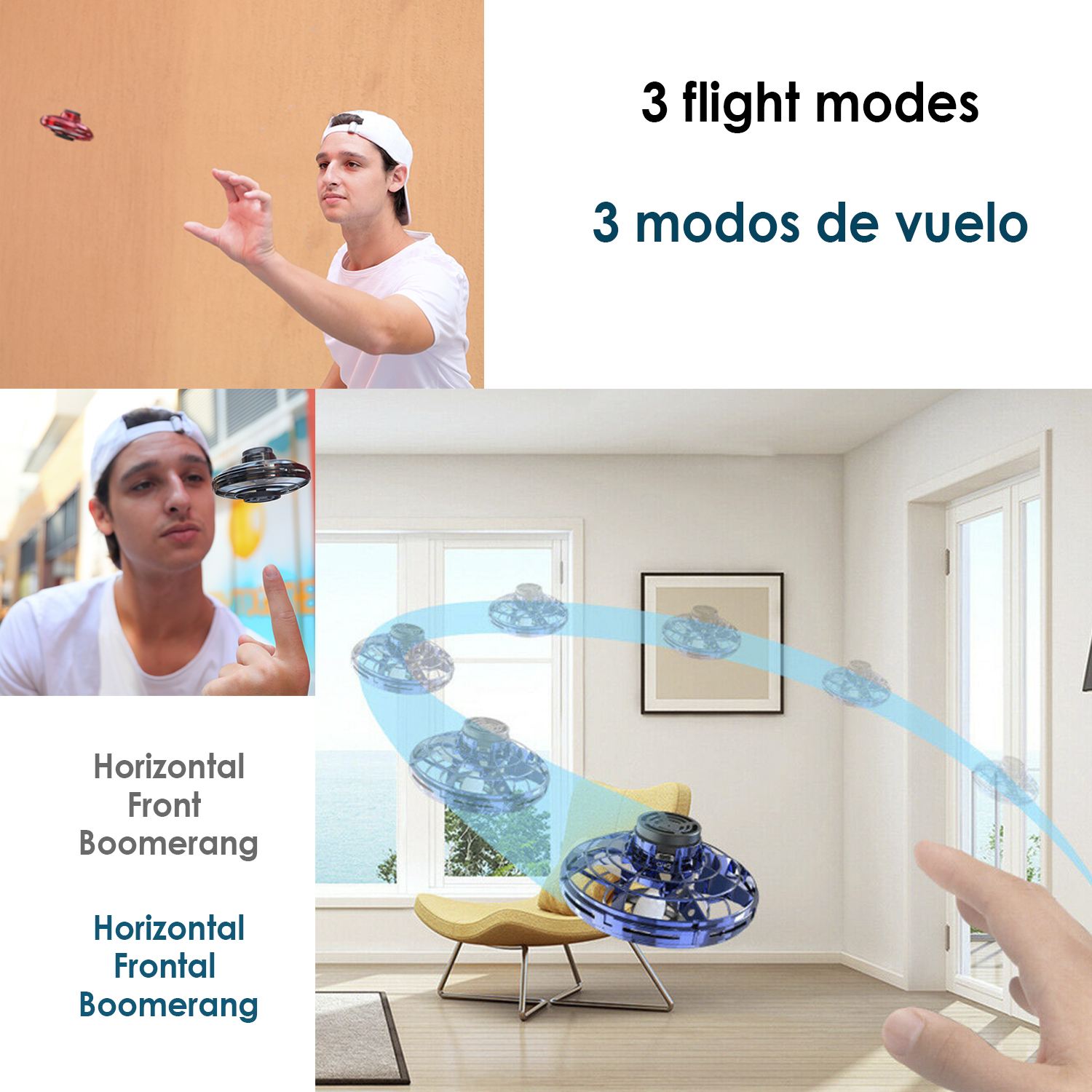 Hombre interactuando con juguetes voladores. Imágenes muestran modos de vuelo y sala de estar.