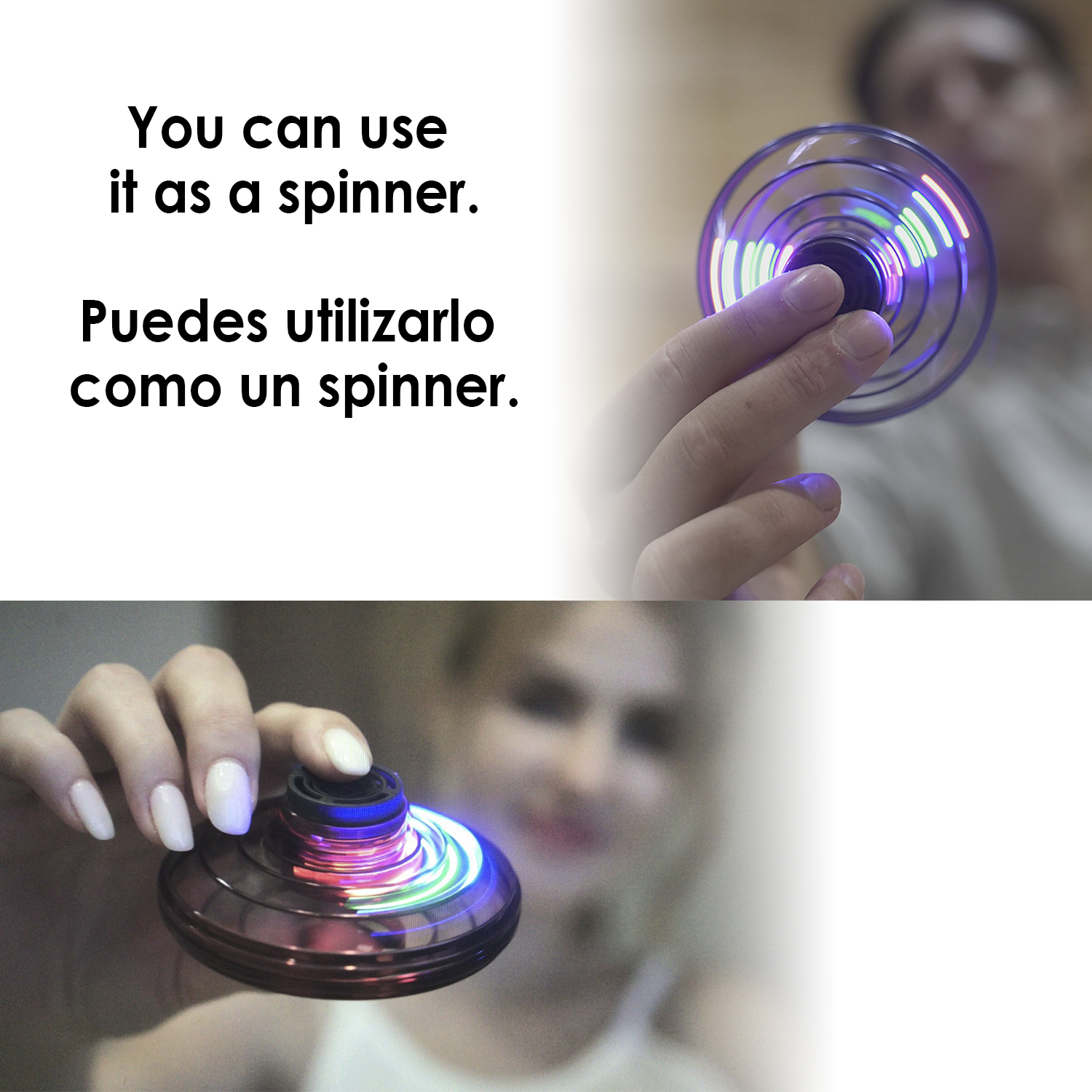 Dos personas girando un fidget spinner con luces. Una mano es visible.