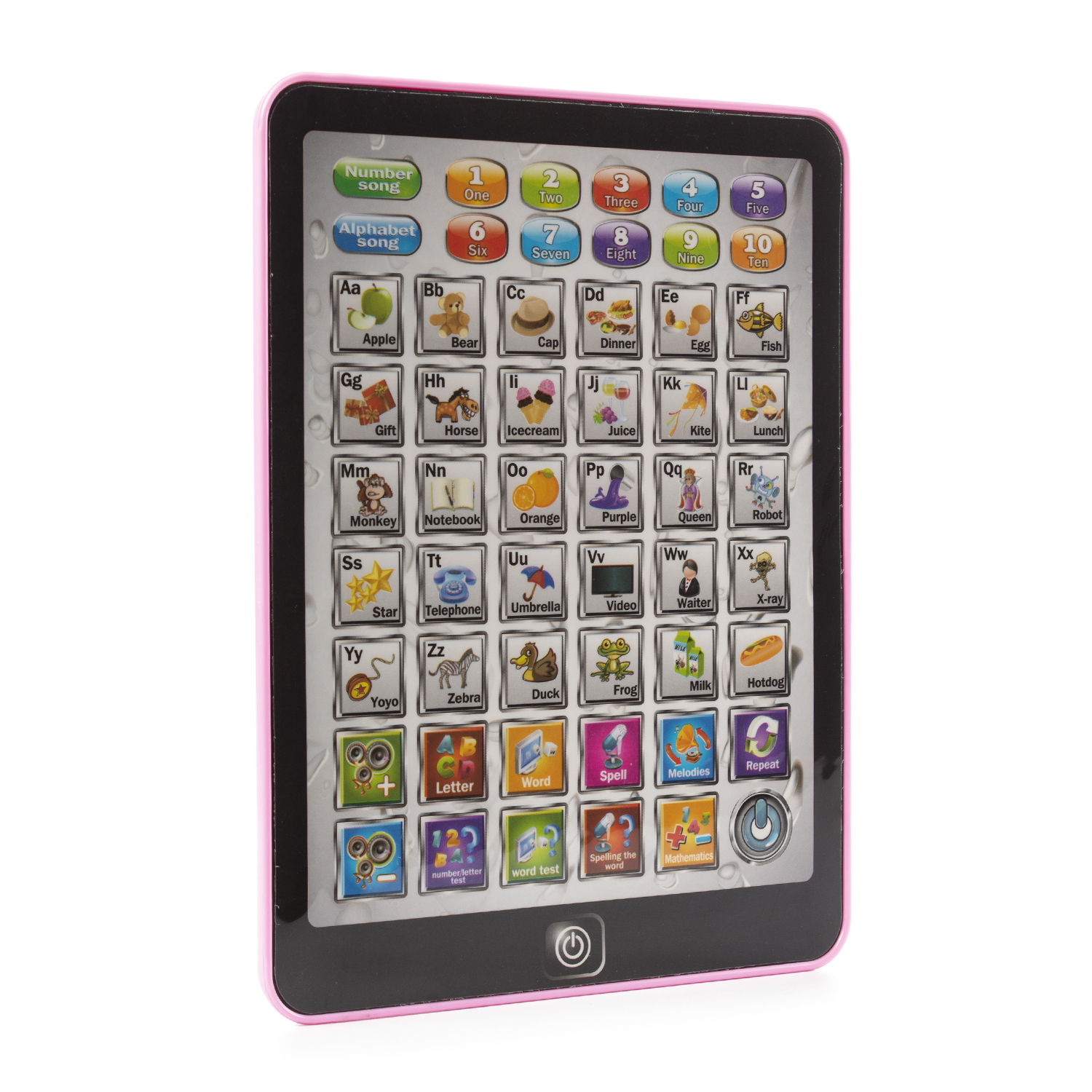 Rosa Tablet mit Zahlen, Buchstaben und Bildern. Schwarzer Bildschirm, weißer Hintergrund.
