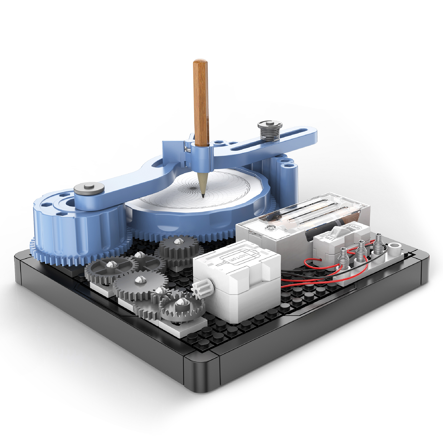 Mechanische Zeichenmaschine. Zahnräder und Bleistift auf einem Ständer.