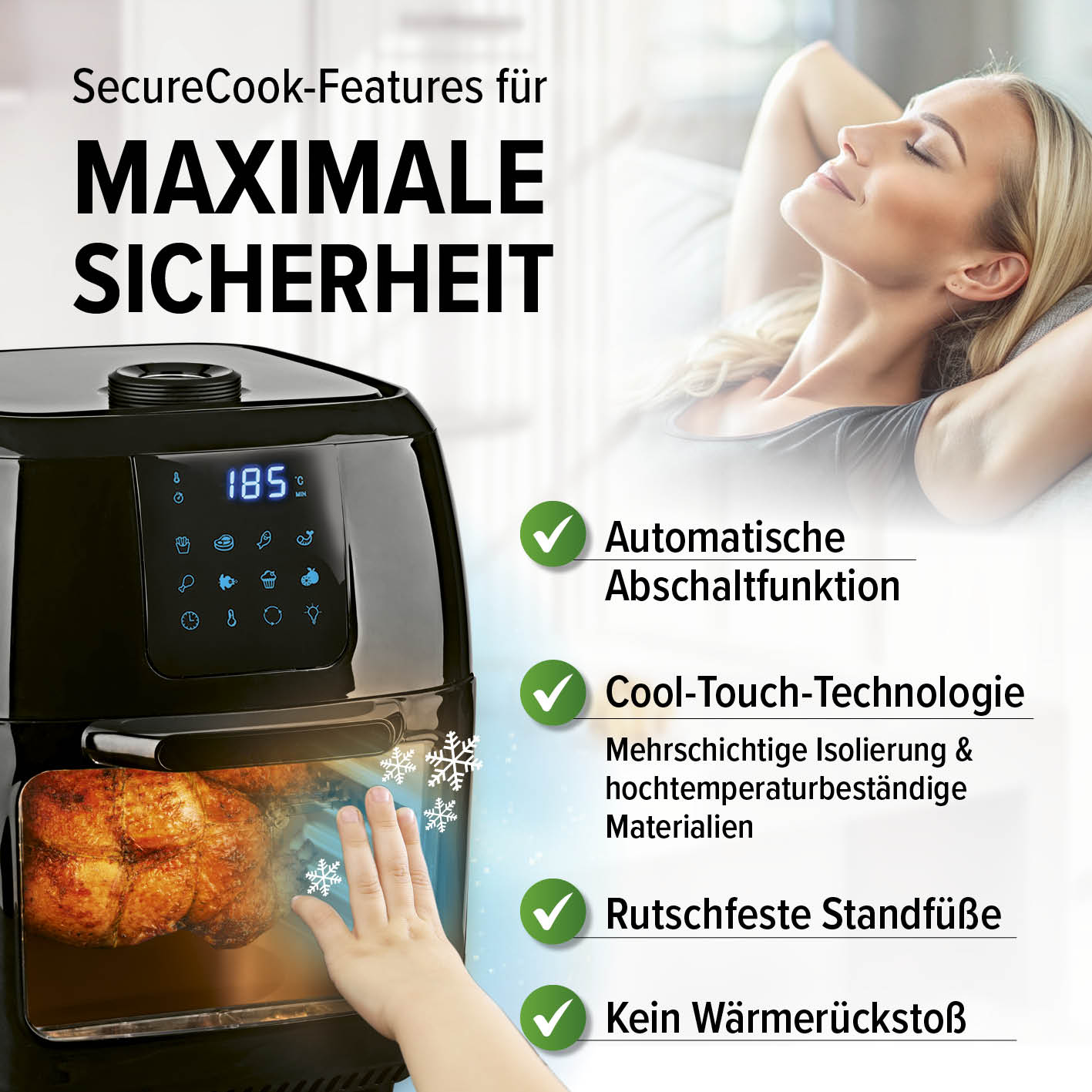 Schwarze Heißluftfritteuse mit Hand, Text und entspannender Frau.